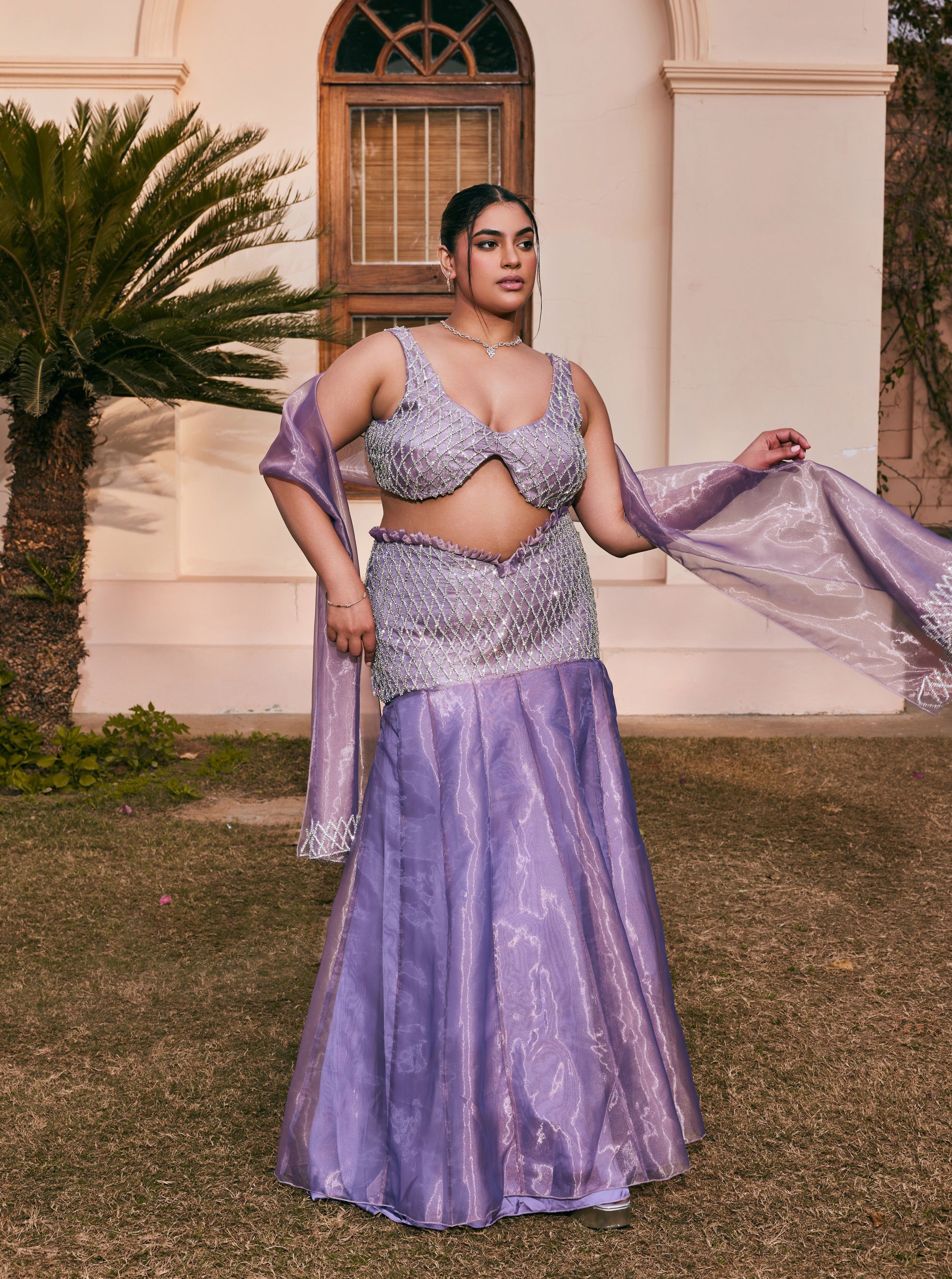 Buy Purple Mermaid Hand-Embroidered Organza Lehenga Set