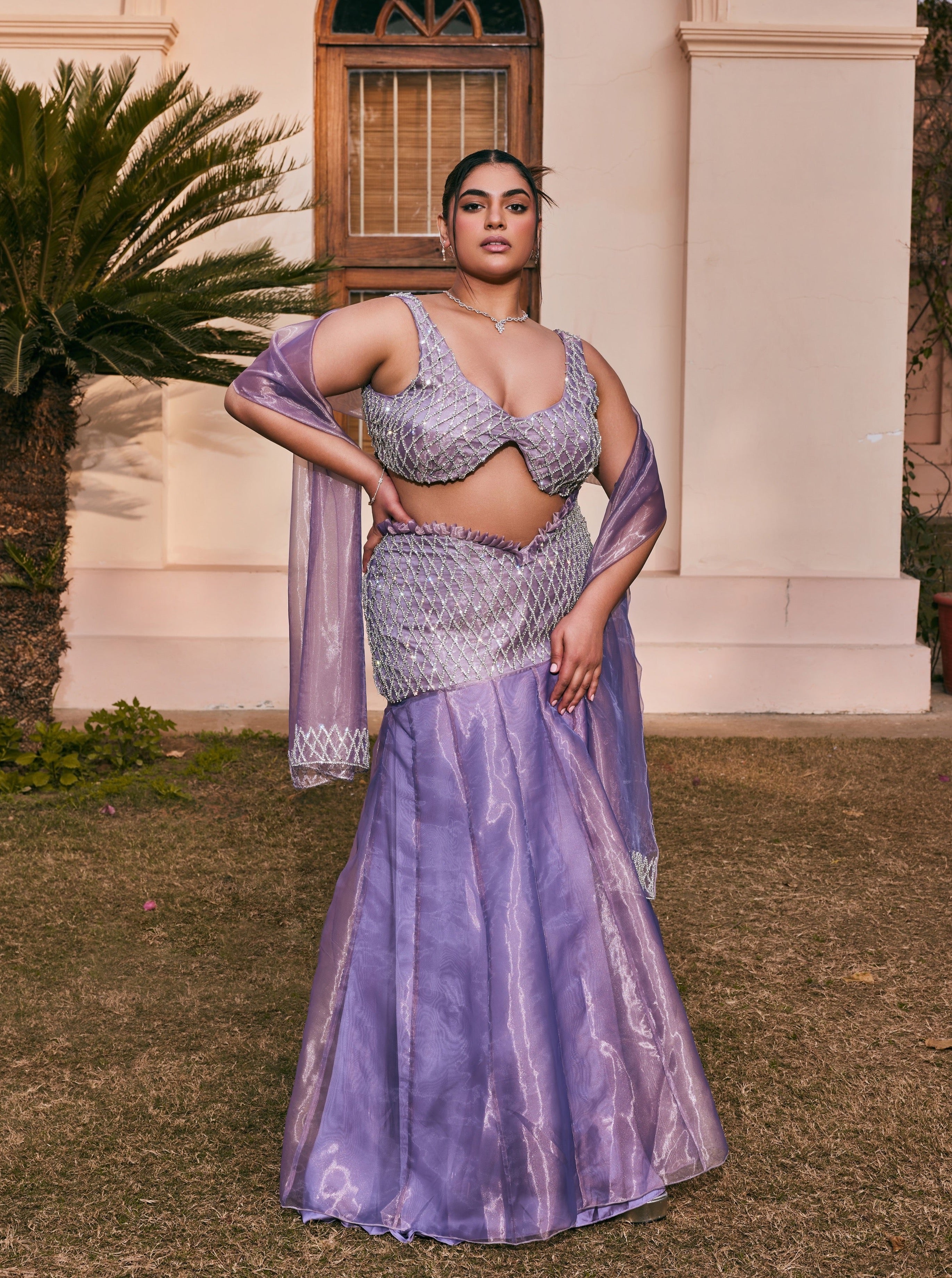 Buy Purple Mermaid Hand-Embroidered Organza Lehenga Set