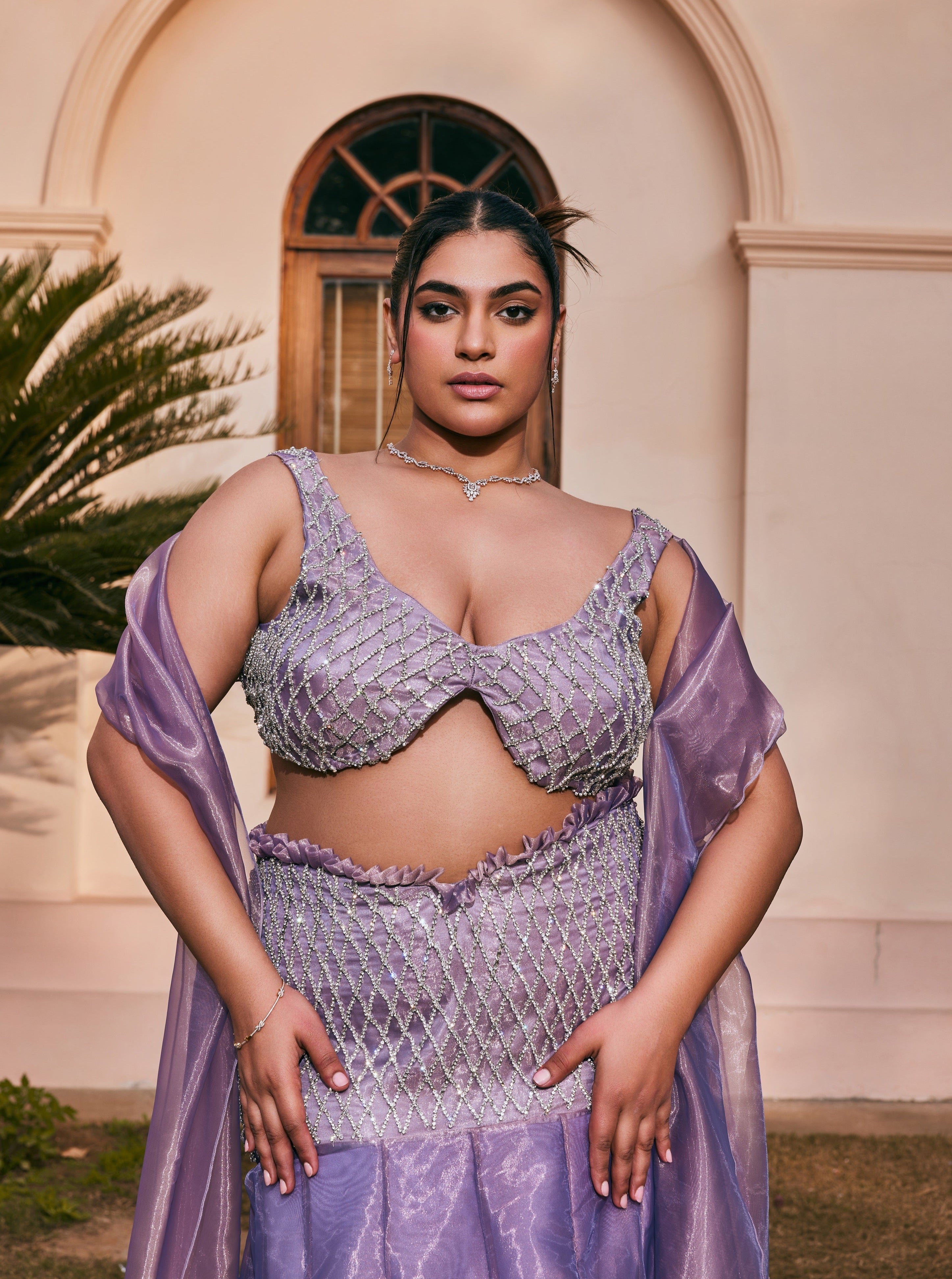 Buy Purple Mermaid Hand-Embroidered Organza Lehenga Set