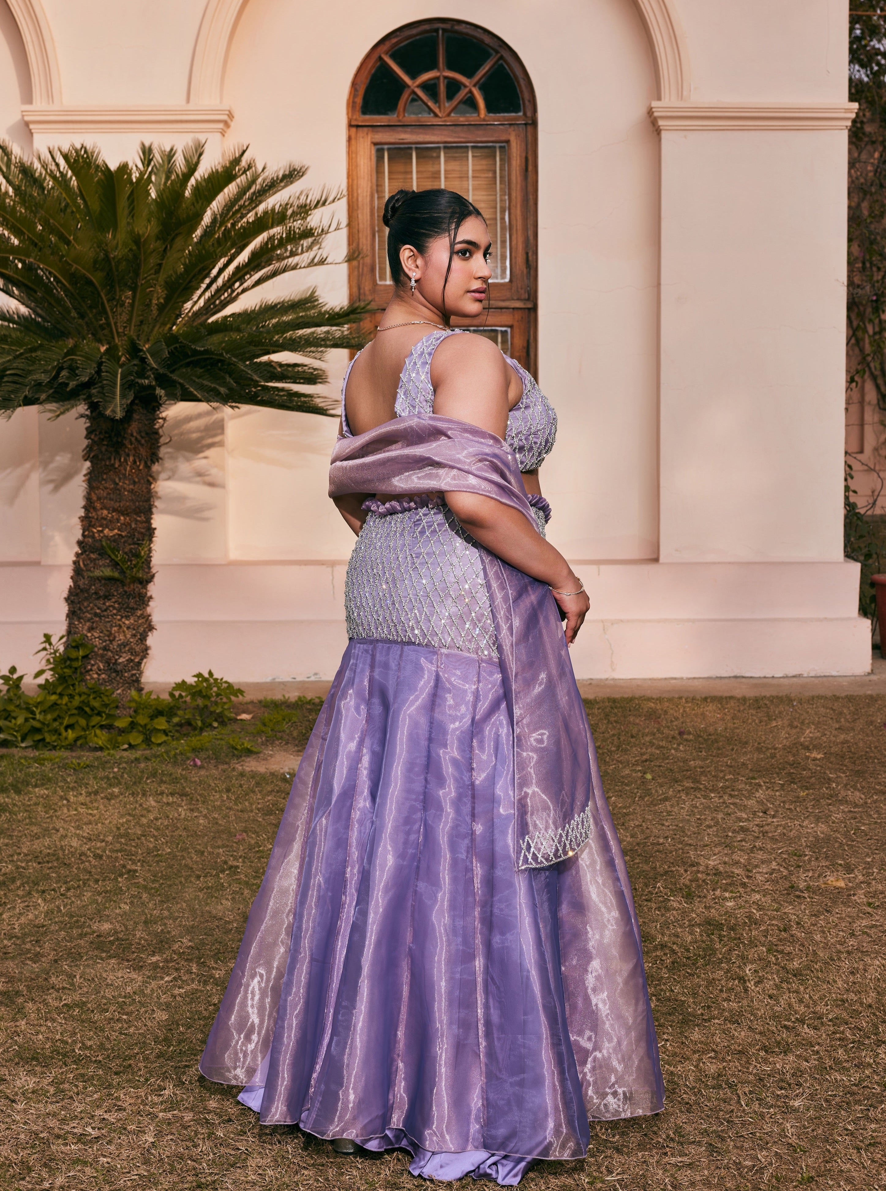 Buy Purple Mermaid Hand-Embroidered Organza Lehenga Set