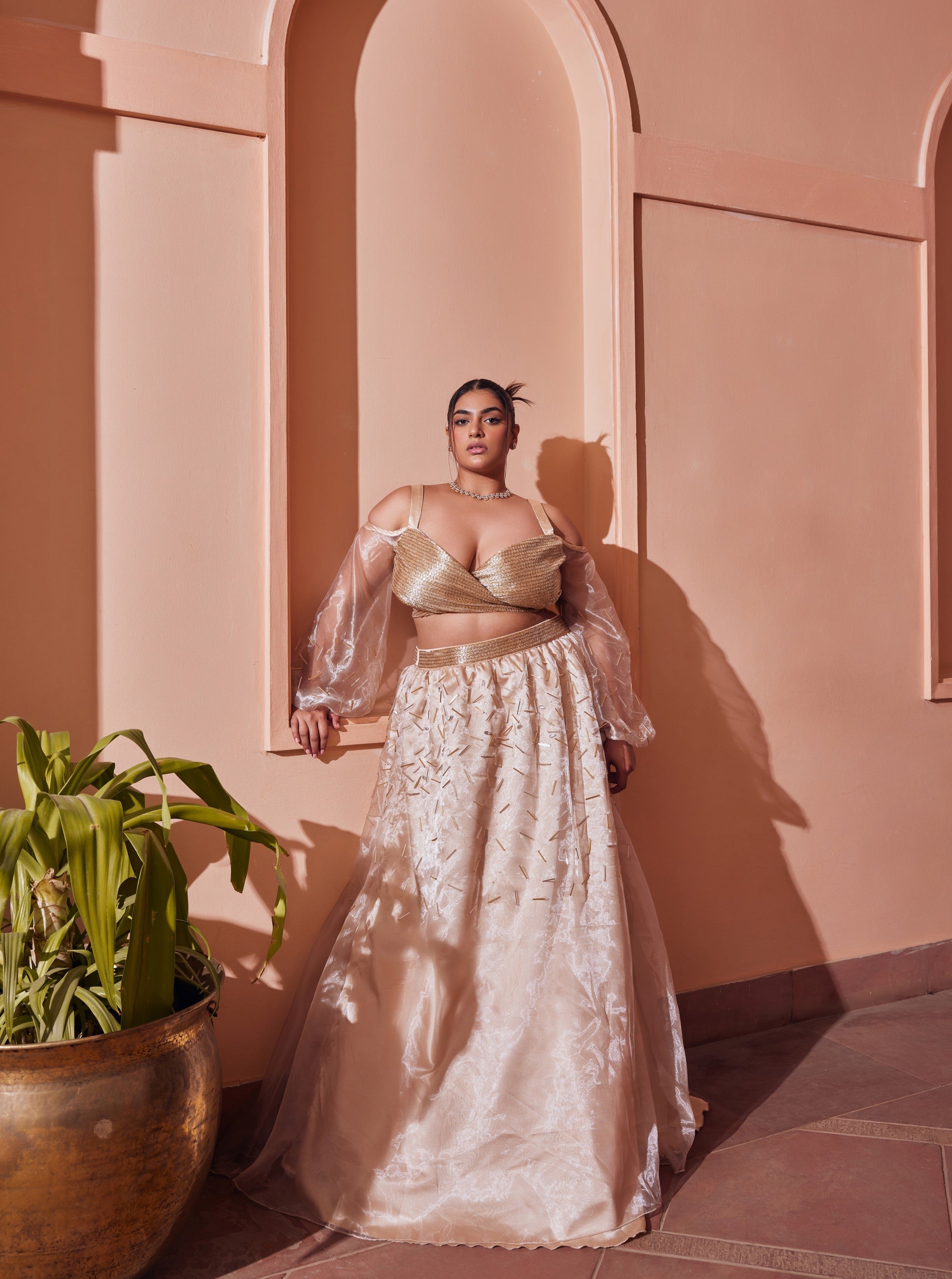 Buy Golden Satin Organza Lehenga Set Online