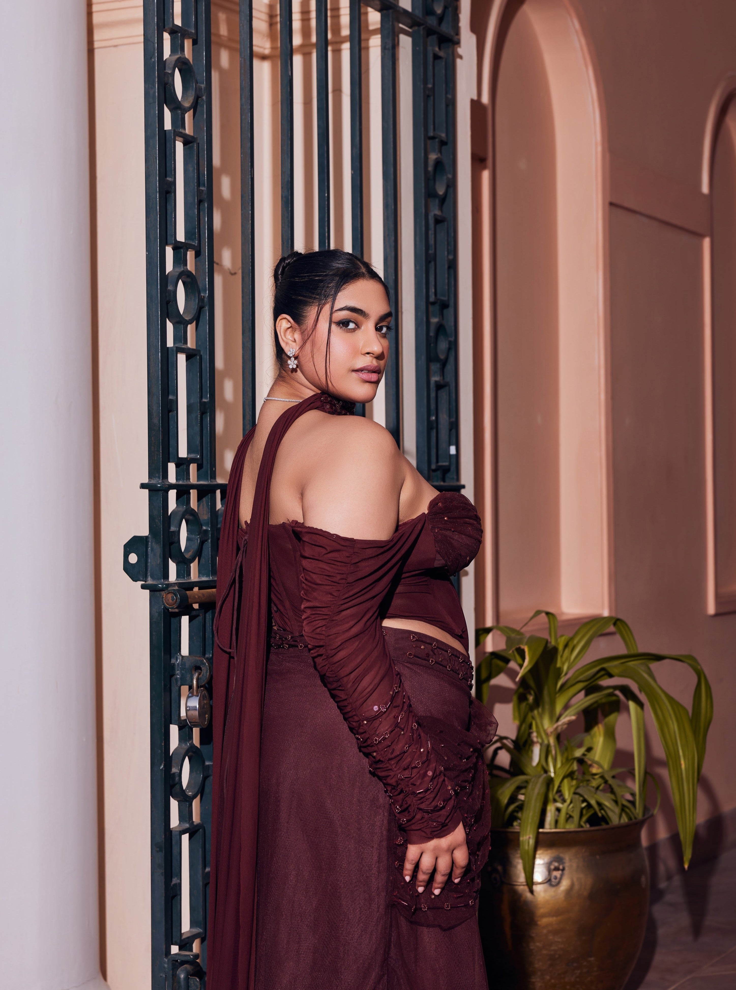 Buy Brown Embroidered Corset Lehenga Set