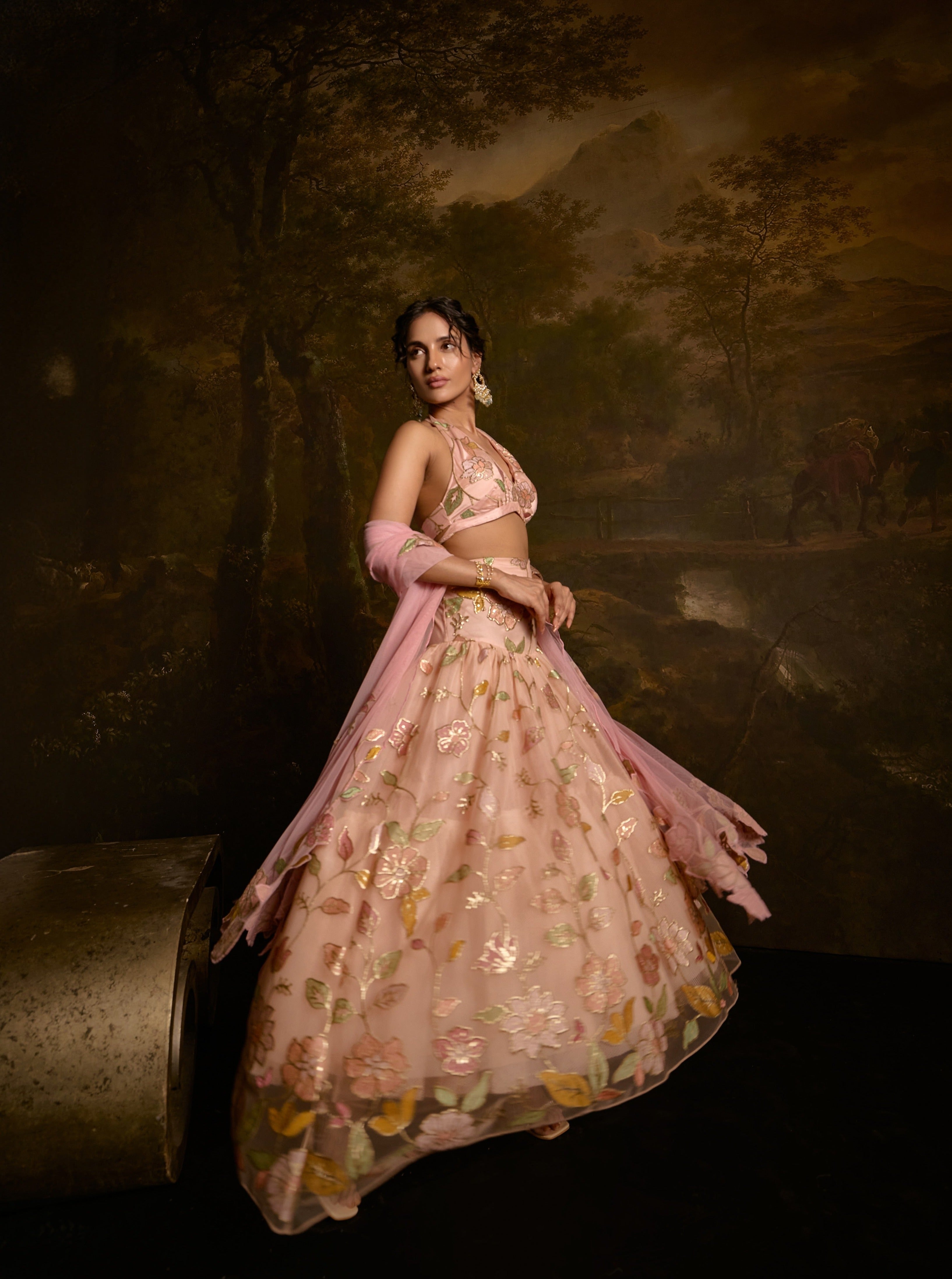 Adishri Peach Halter-Neck Embroidered Lehenga