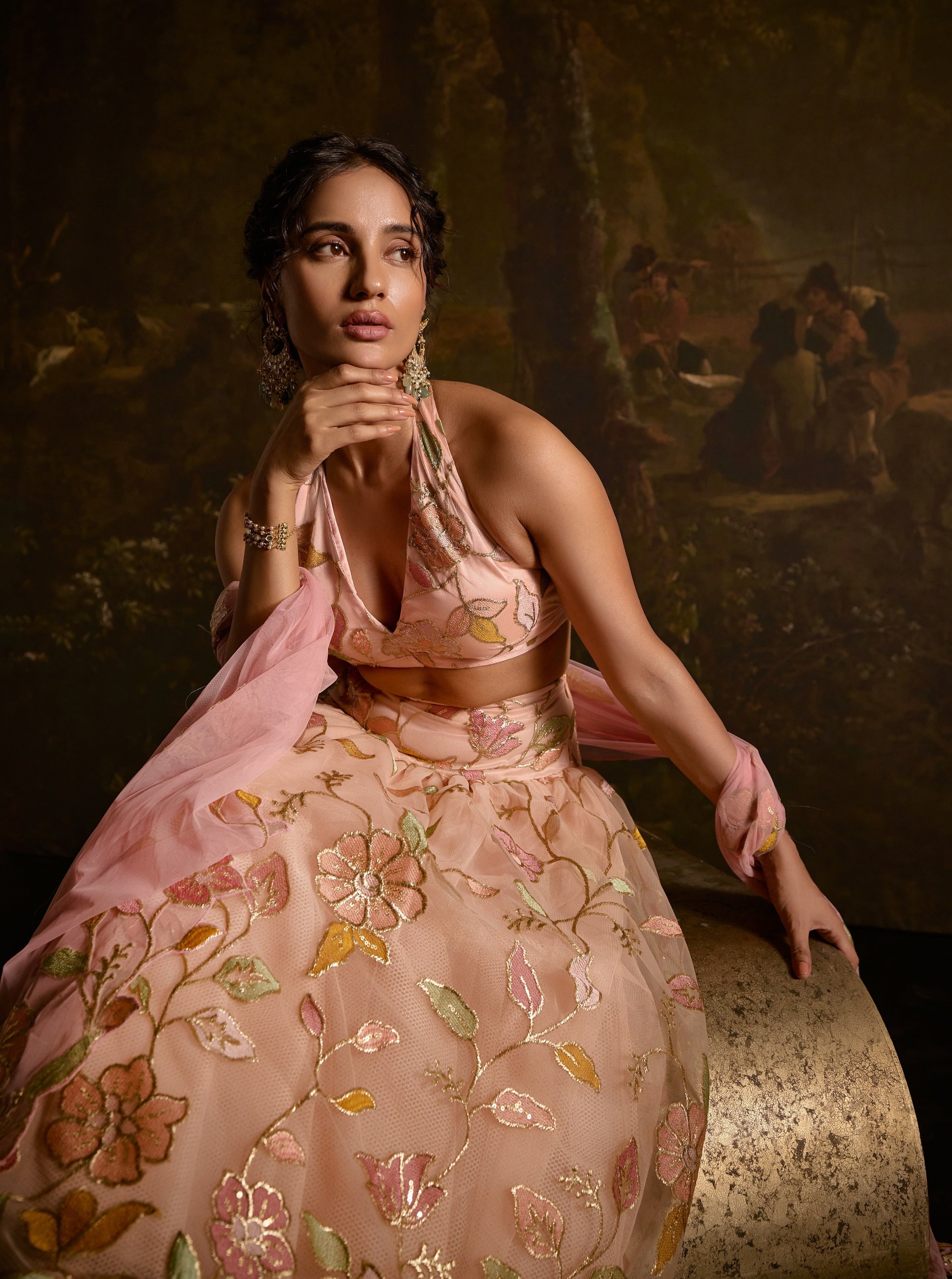 Adishri Peach Halter-Neck Embroidered Lehenga