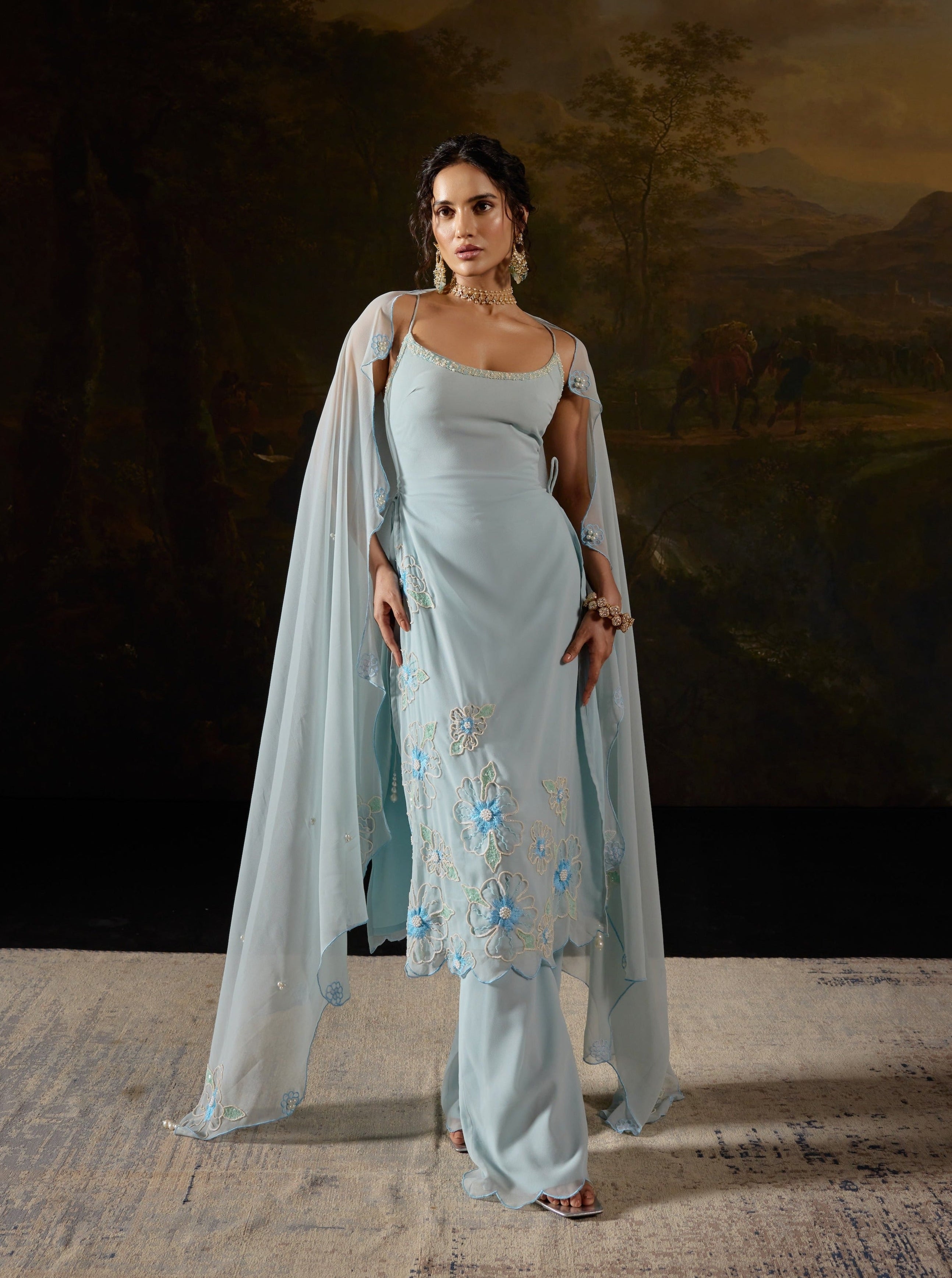 Raaya Baby Blue Hand-Embroidered Sleeveless Suit