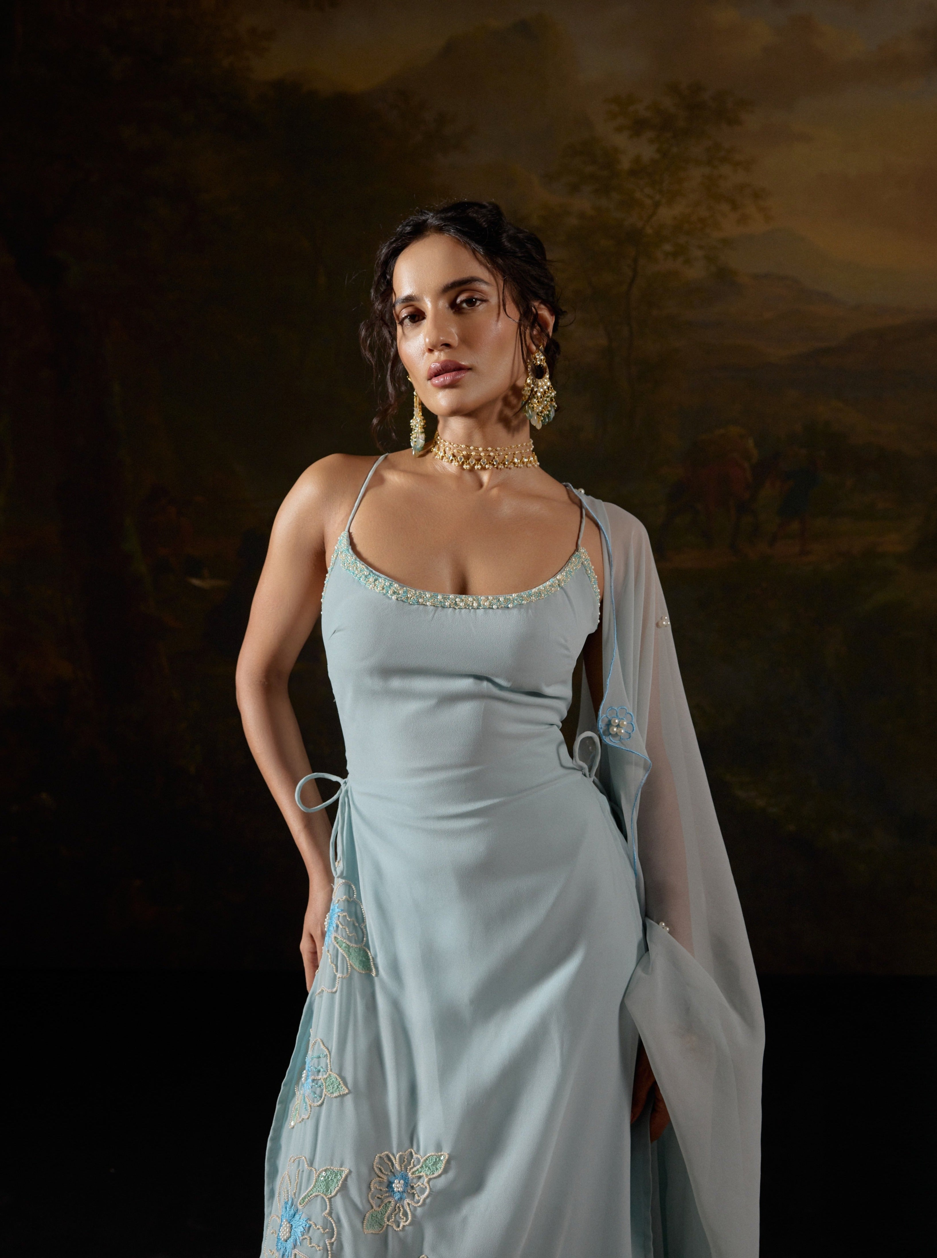 Raaya Baby Blue Hand-Embroidered Sleeveless Suit