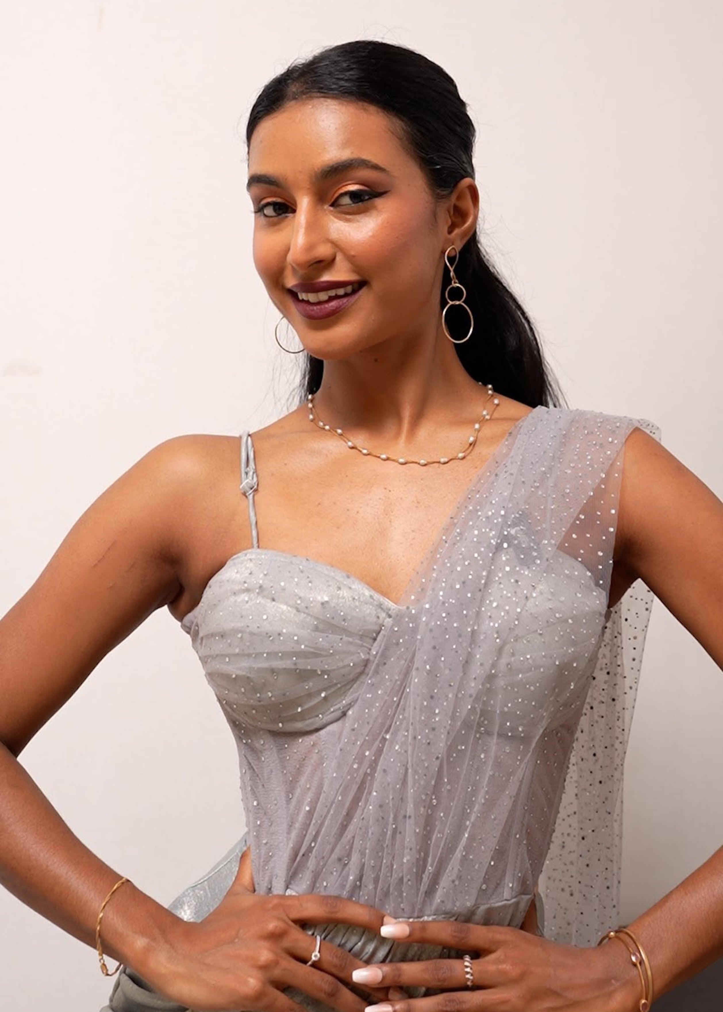 Faizah Grey Rhinestone Mesh One- Piece Saree Set