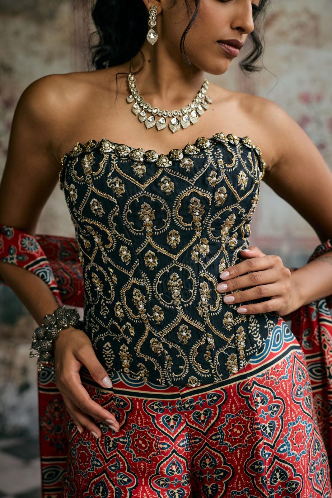 Rhea Ajrakh Hand Embroidered Corset Gharara Set