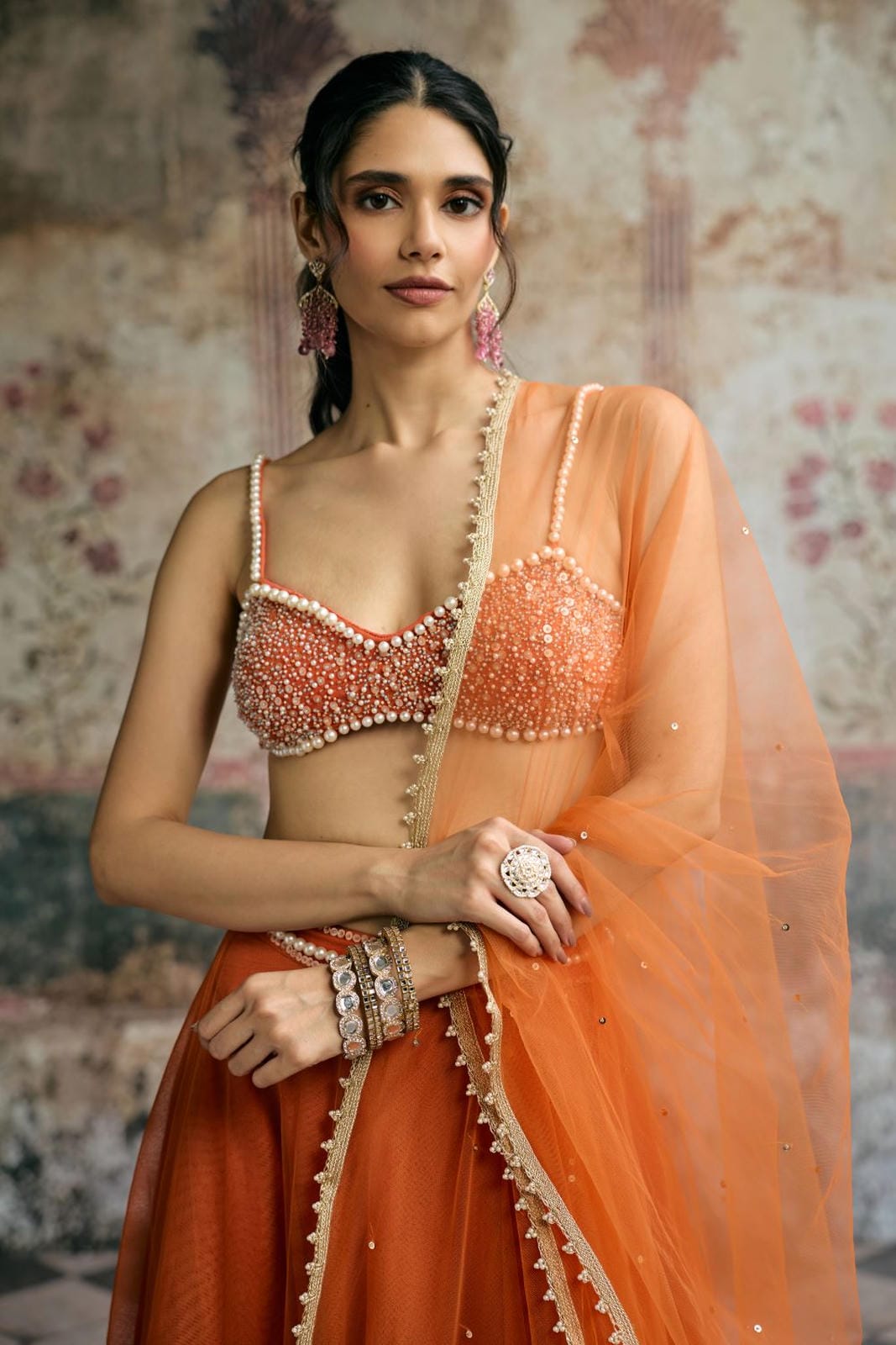 Sahana Orange Hand Embroidered Lehenga Set