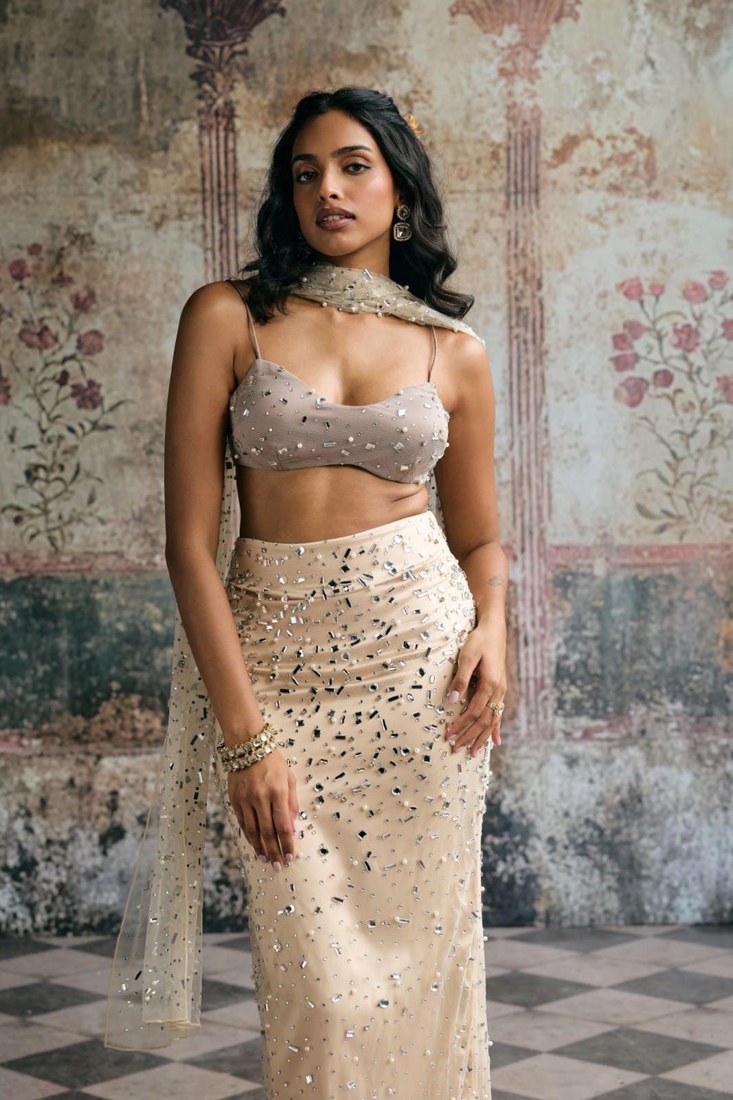 Alfiya Taupe Rhinestone-Embellished Skirt and Blouse Set
