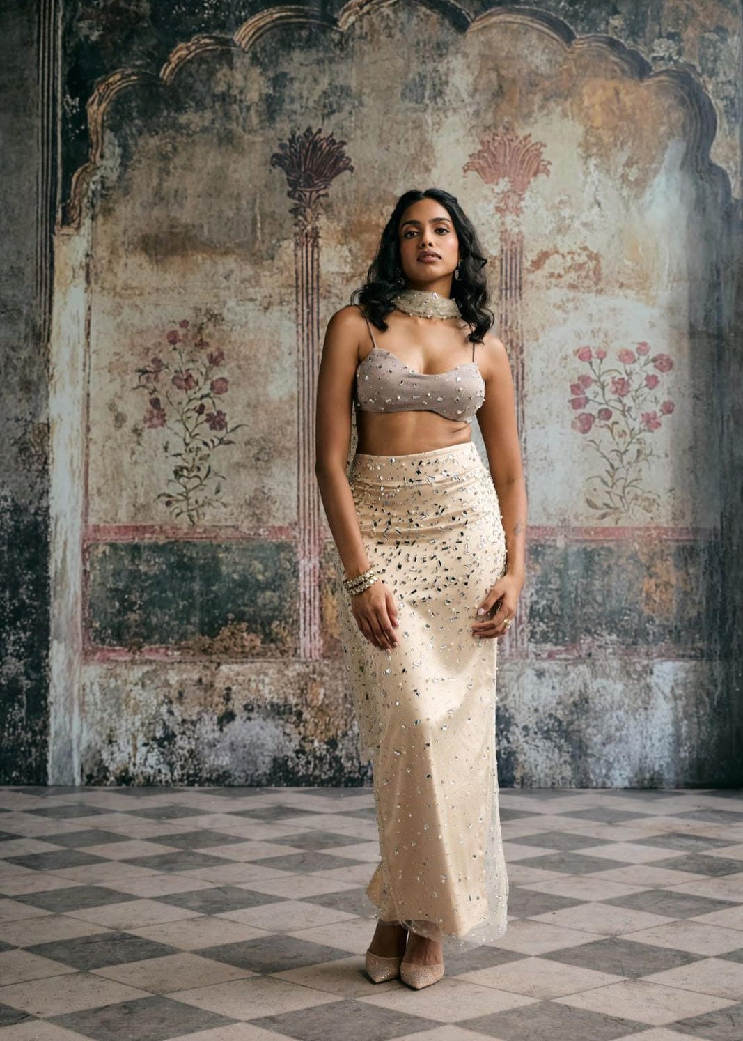 Alfiya Taupe Rhinestone-Embellished Skirt and Blouse Set