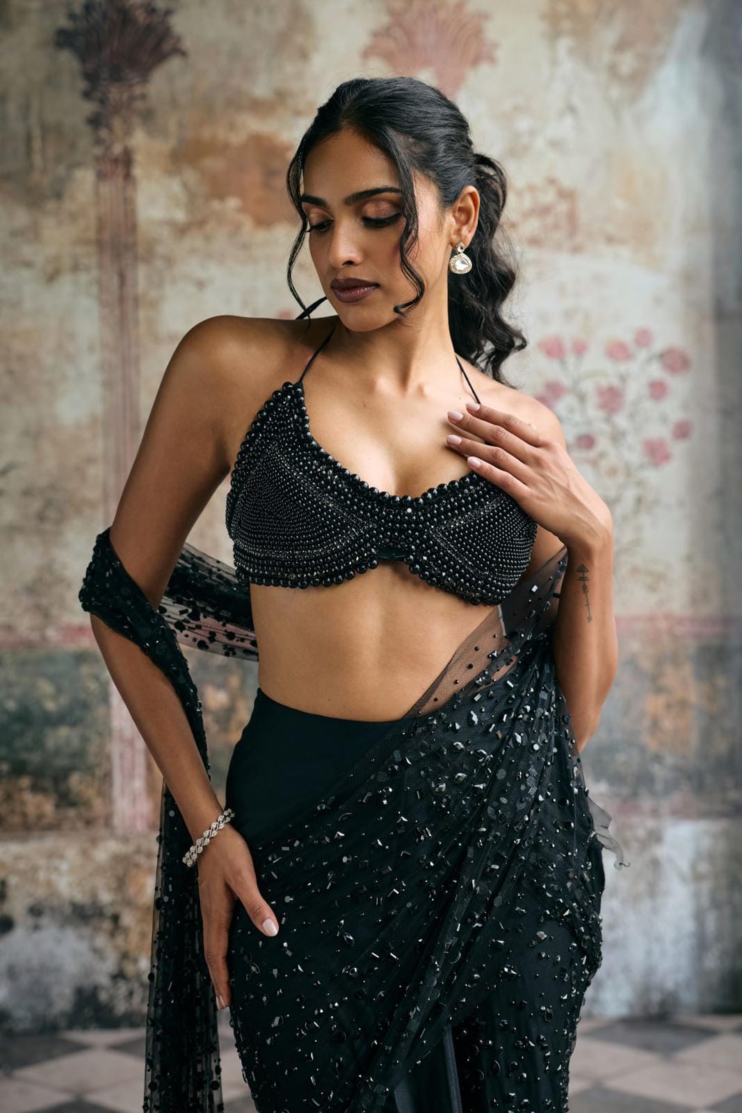 Aliara Black Modal Satin Rhinestone Embellished Saree Set