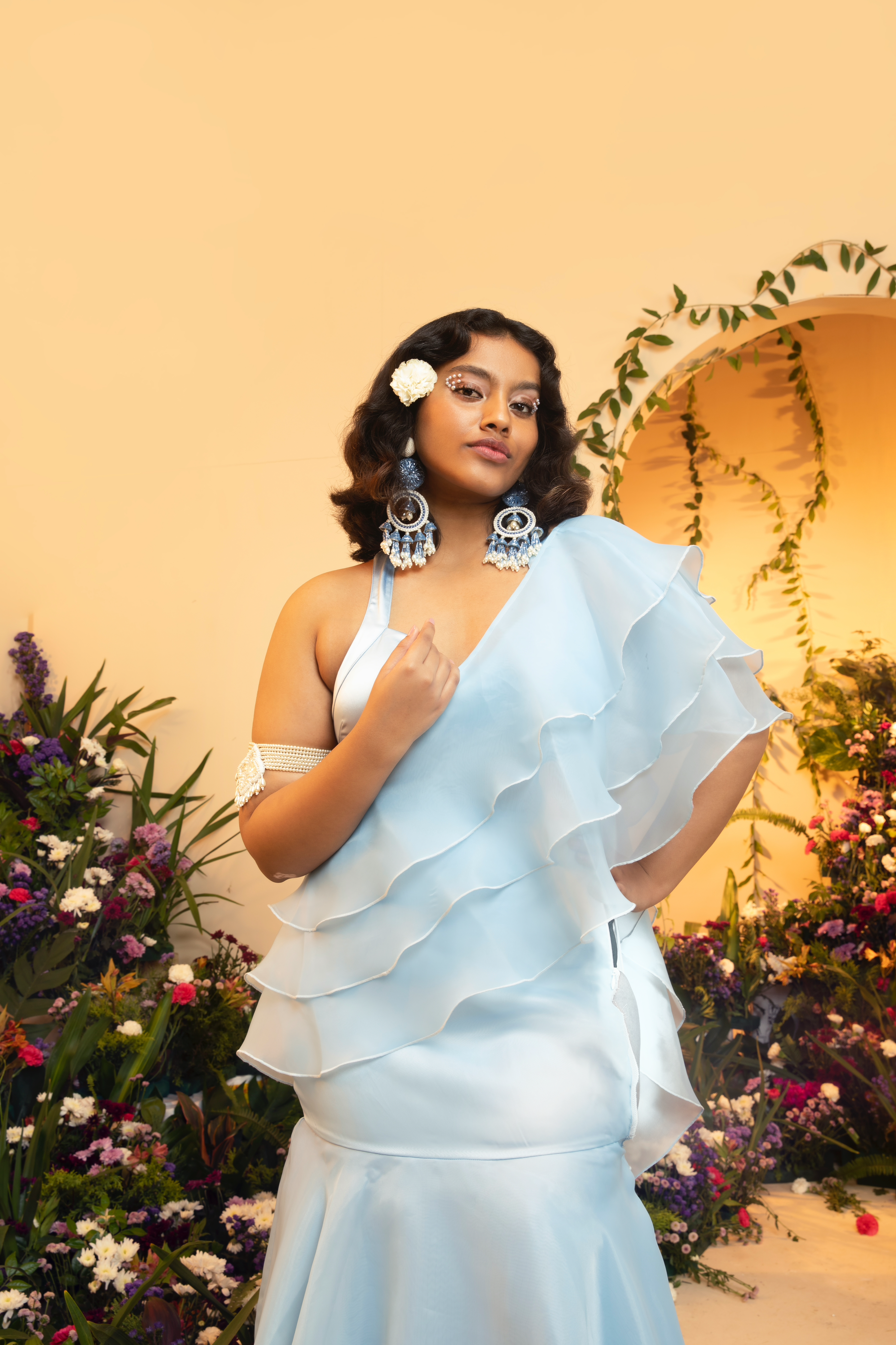 Aasira Baby Blue Ruffle Organza Pre-Stiched Saree