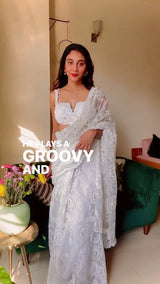 Aiza White Floral Embroidered Pre-Stitched Saree