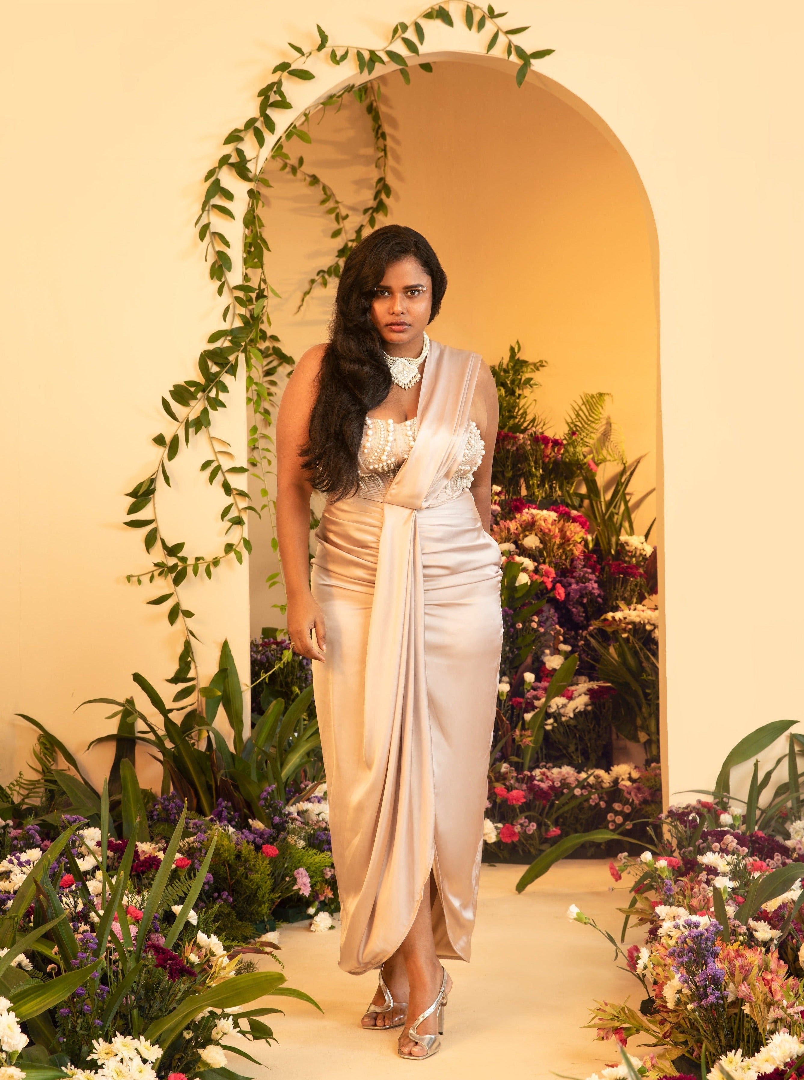 Aalia Champagne Wrap Pre-Stitched Saree