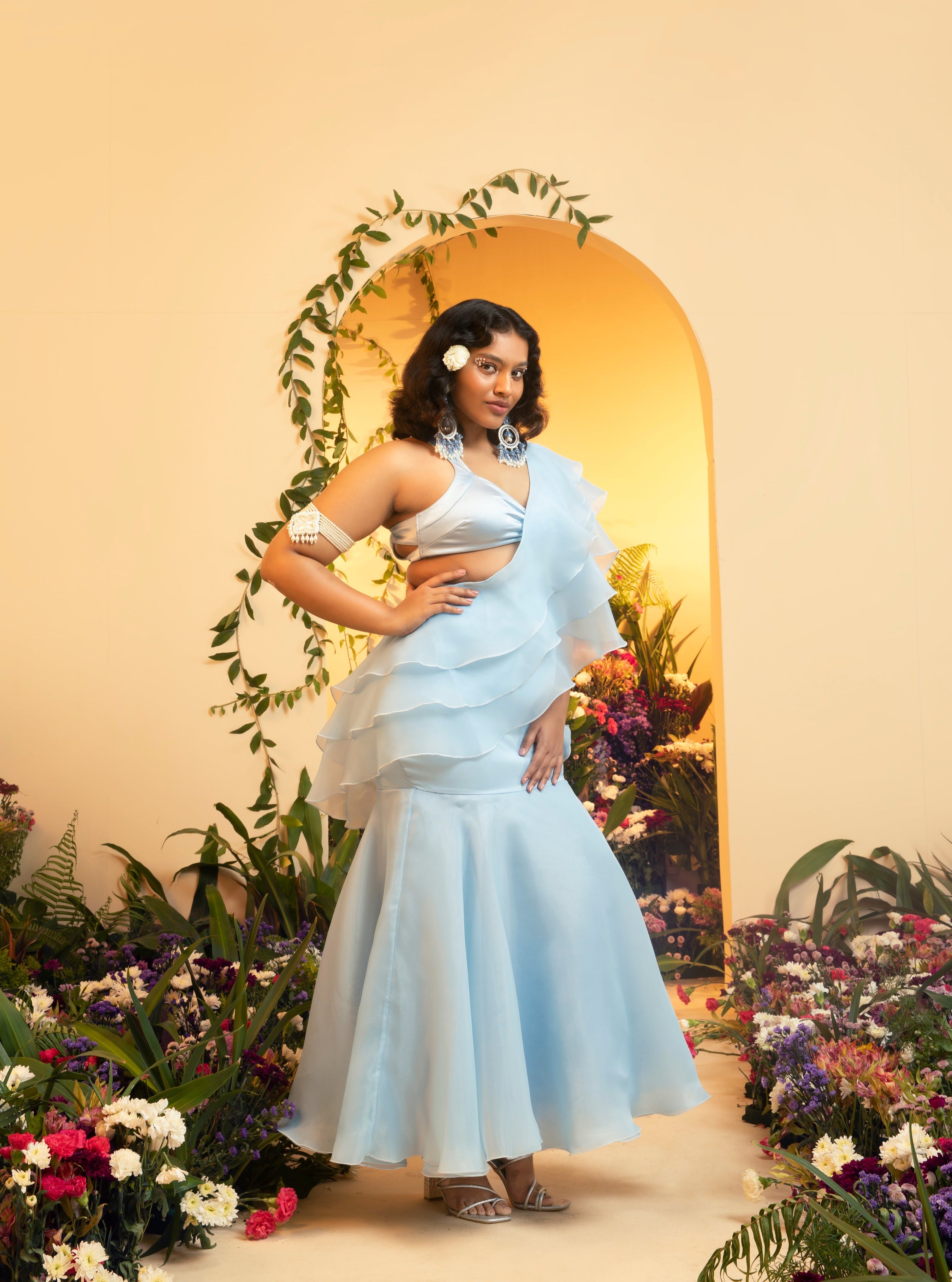 Aasira Baby Blue Ruffle Organza Pre-Stiched Saree