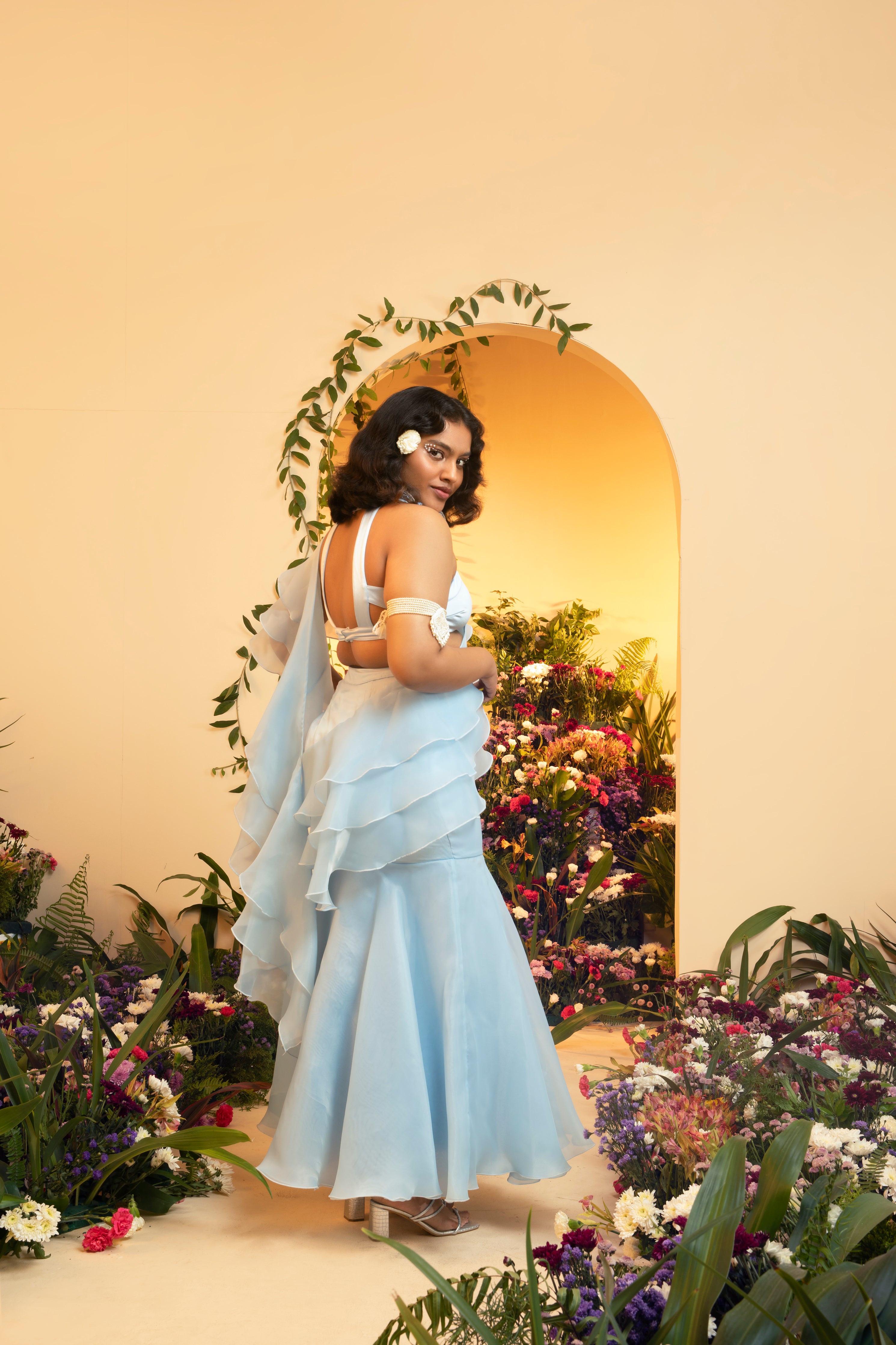 Aasira Baby Blue Ruffle Organza Pre-Stiched Saree