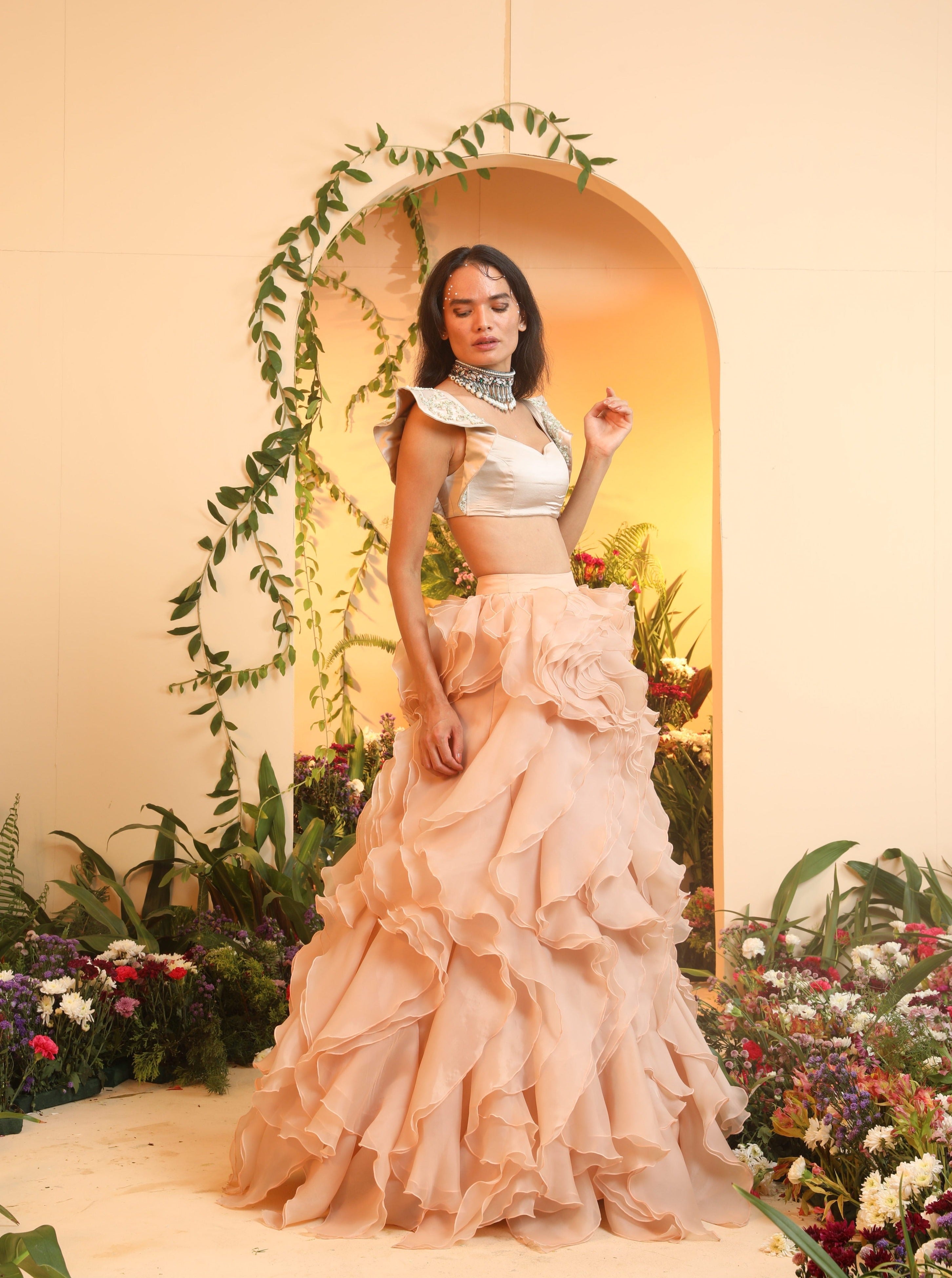 Mehr Rose Gold Organza Waterfall Lehenga