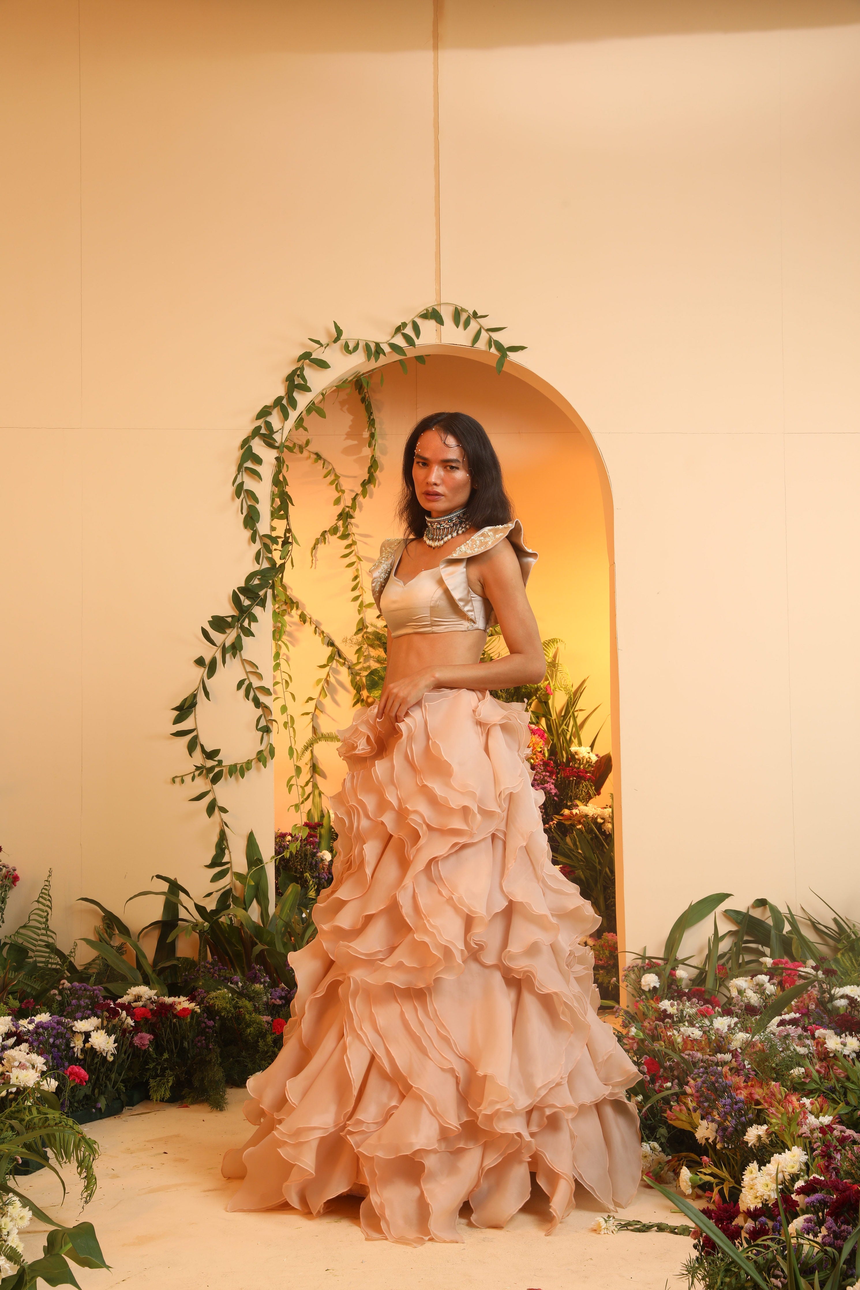 Tisya Champagne Ruffle Sleeve Hand Embroidered Blouse