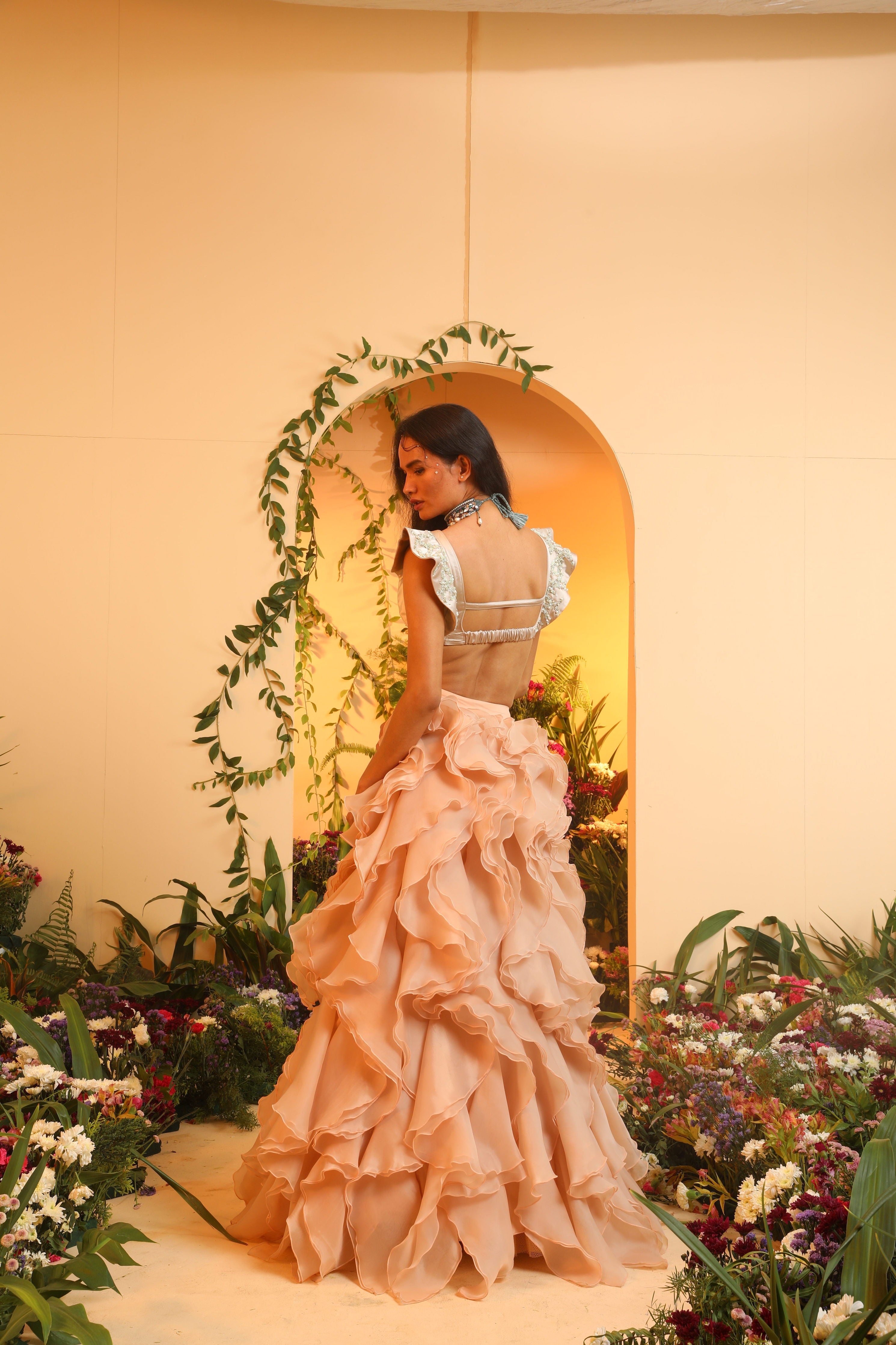 Mehr Rose Gold Organza Waterfall Lehenga