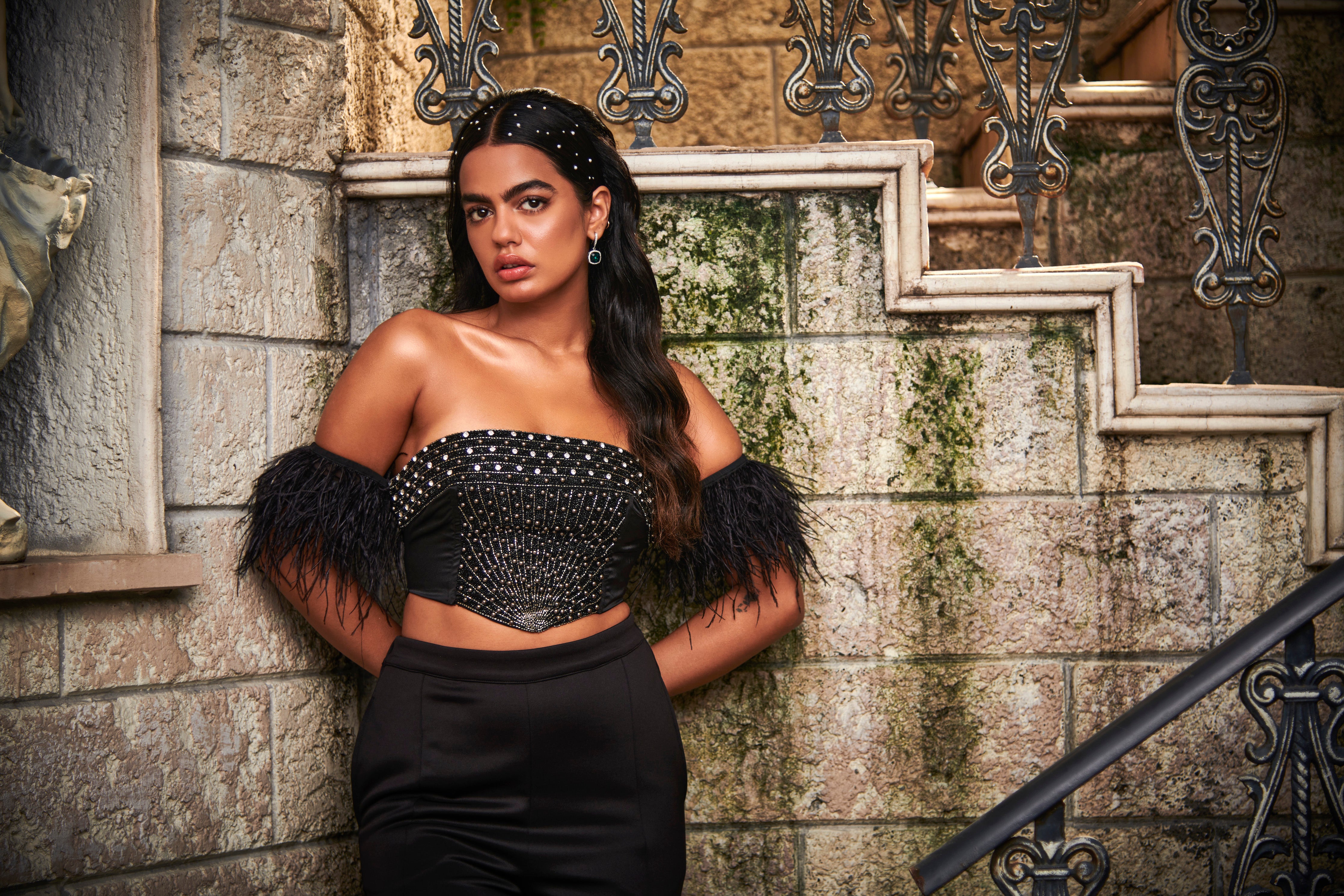 Pia Black Hand-Embroidered Corset Coord Set
