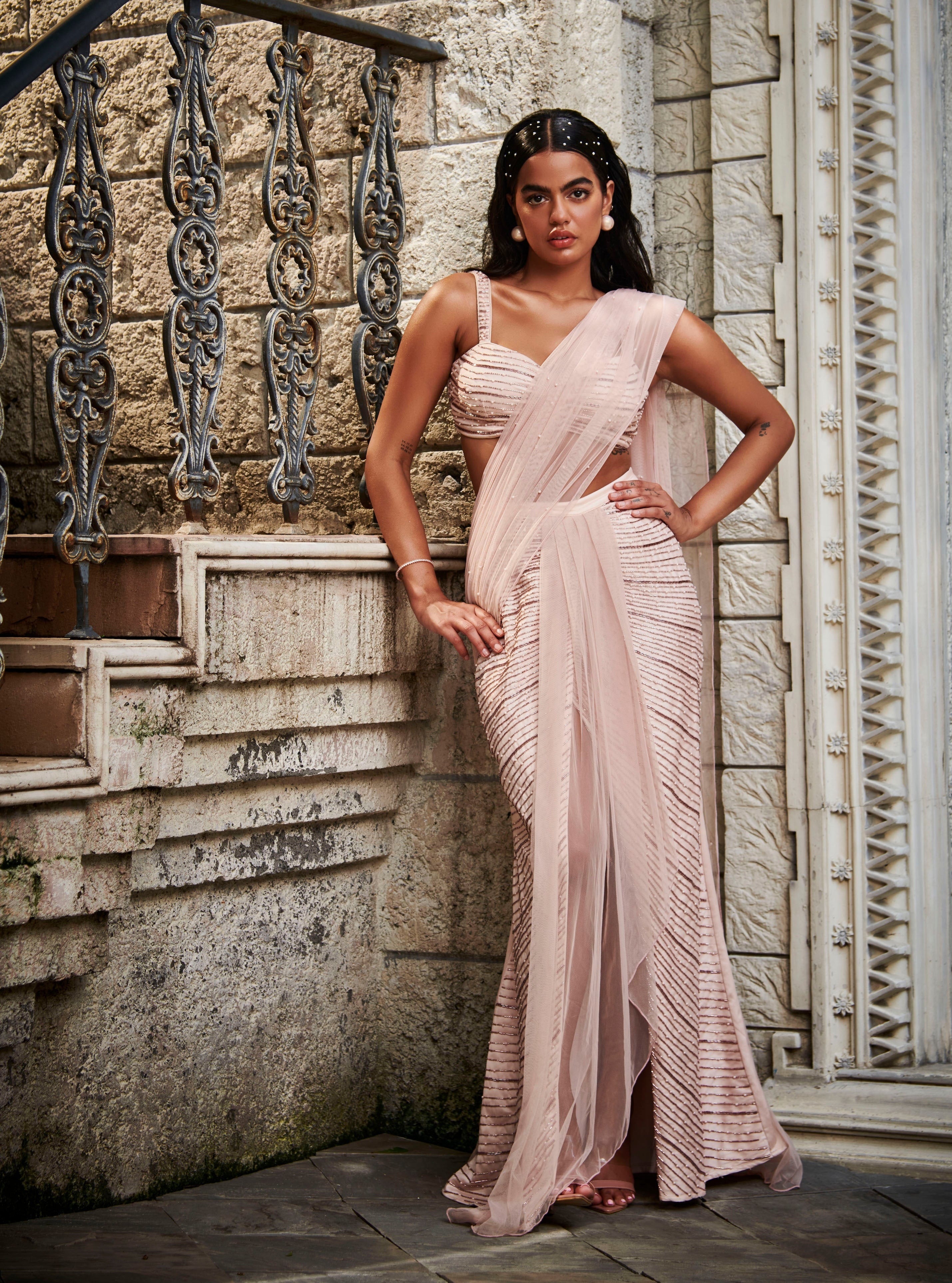 Arshia Blush Pink Hand-Embroidered Saree Set