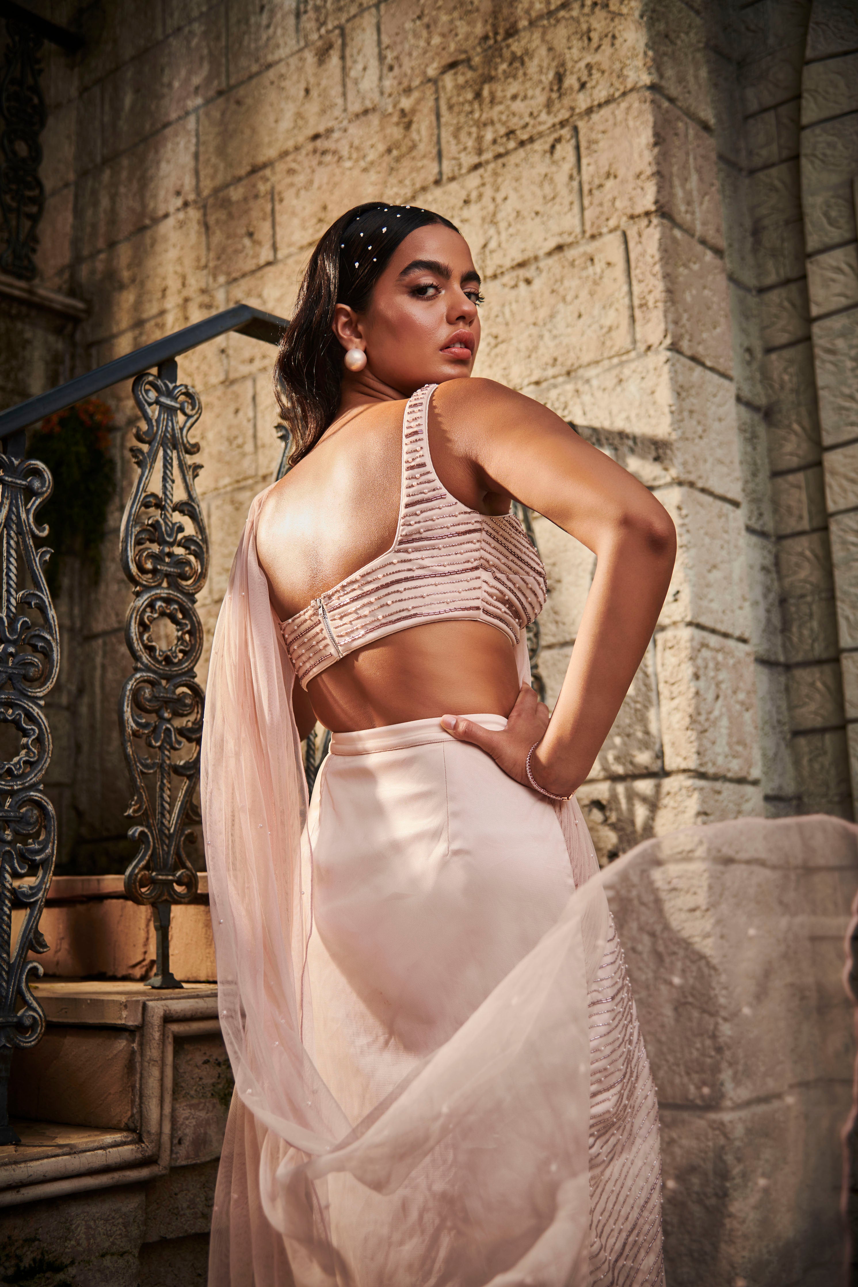 Arshia Blush Pink Hand-Embroidered Saree Set