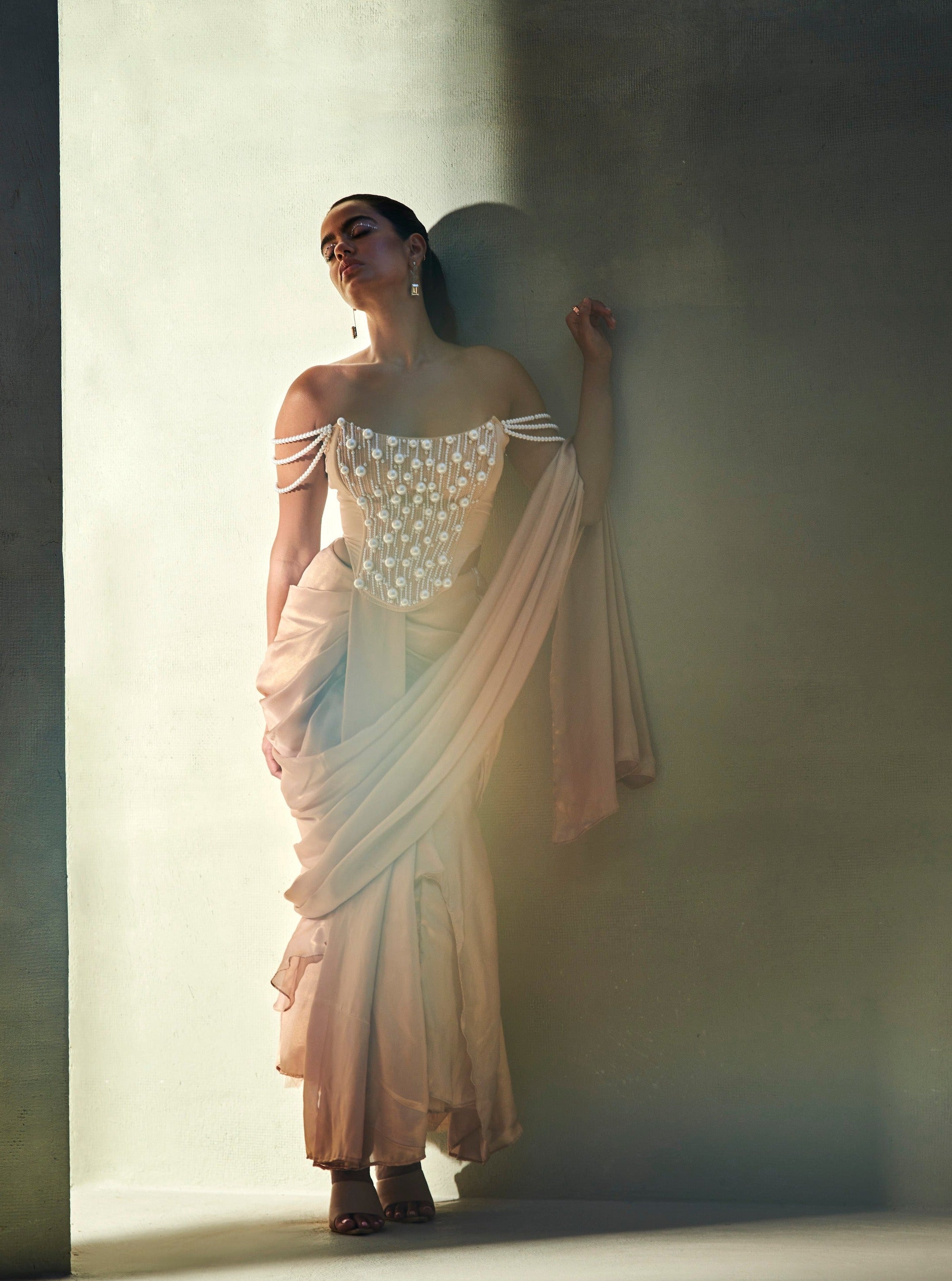 Zaina Rose Gold Metallic Georgette Draped Saree