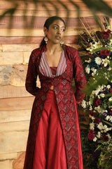 Krisha Burgundy Embroidered Velvet Long Jacket