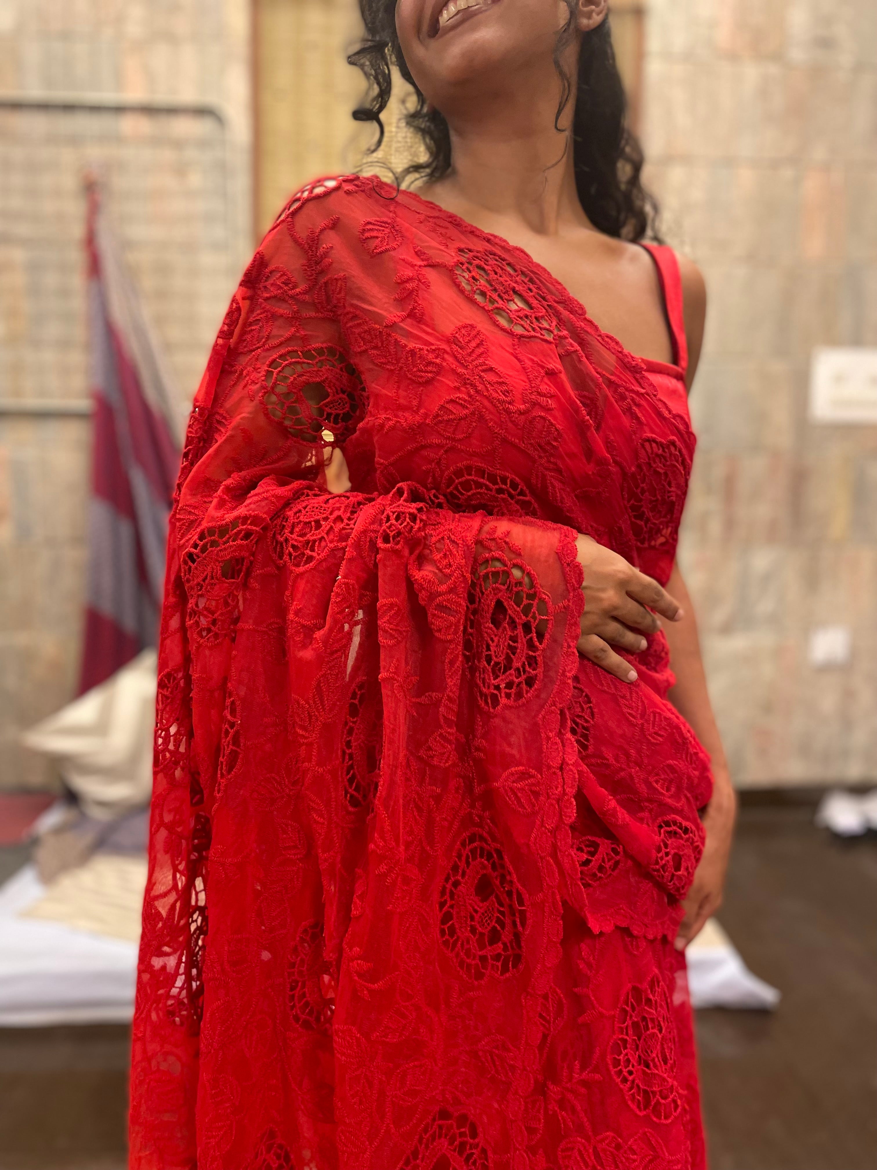Aiza Red Floral Embroidered Pre-Stitched Saree