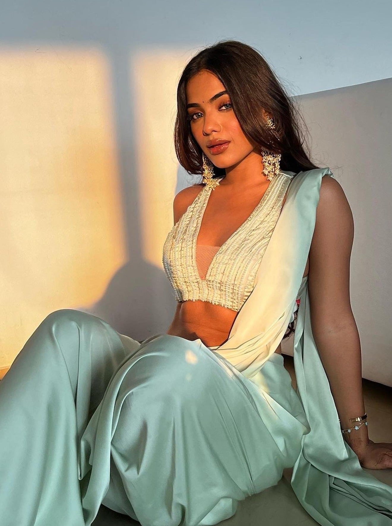 Abira Sage Green Satin Pre-Stitched Saree