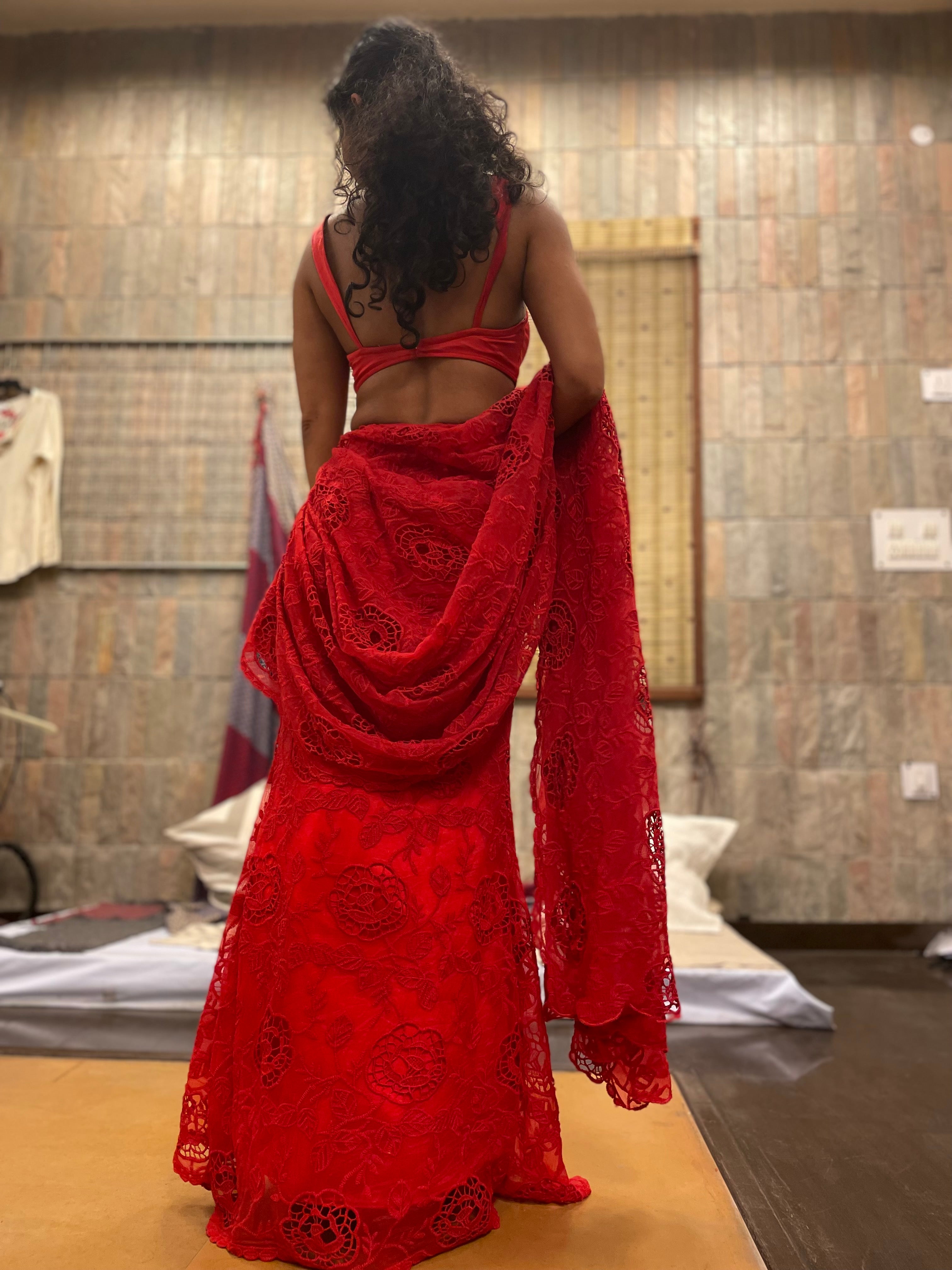 Aiza Red Floral Embroidered Pre-Stitched Saree