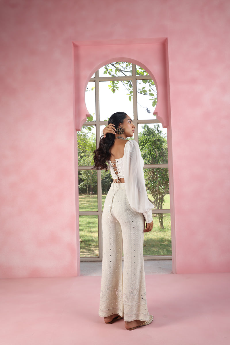 Faeeza White Embroidered Georgette Wide Leg Pants