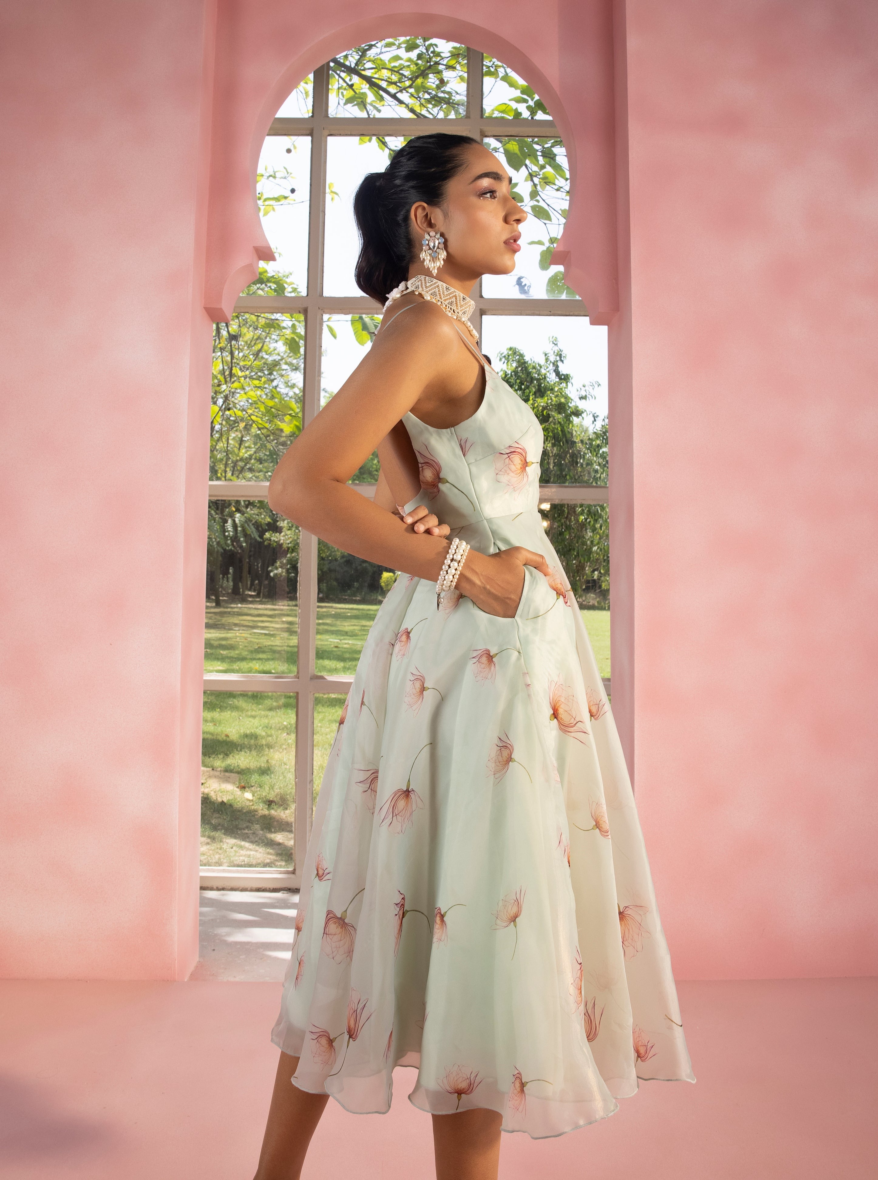 Sayuri Turquoise Printed Organza Anarkali Dress