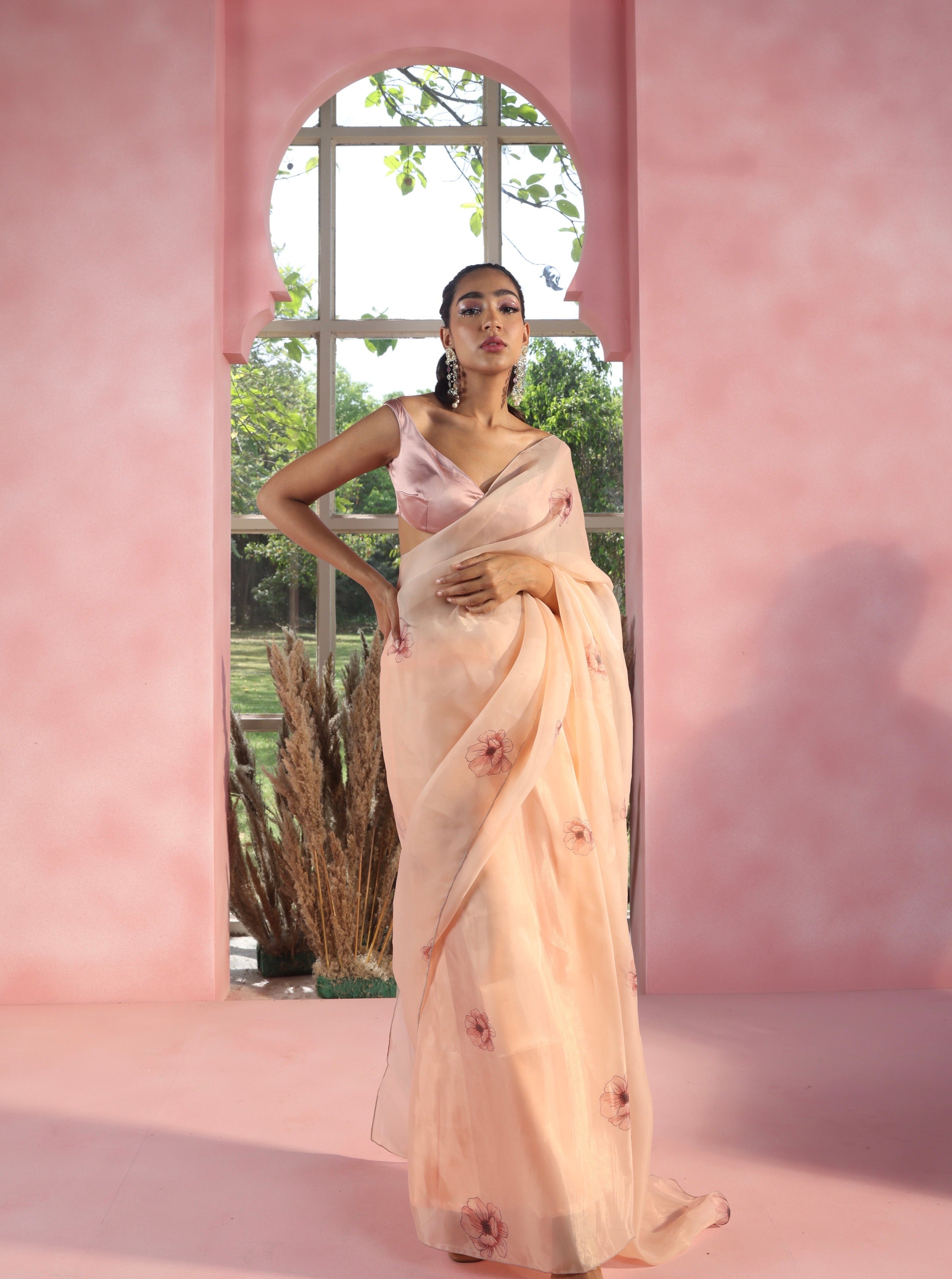 Yasmika and Aimiah Floral Organza Pre-Stitched Saree and Blouse