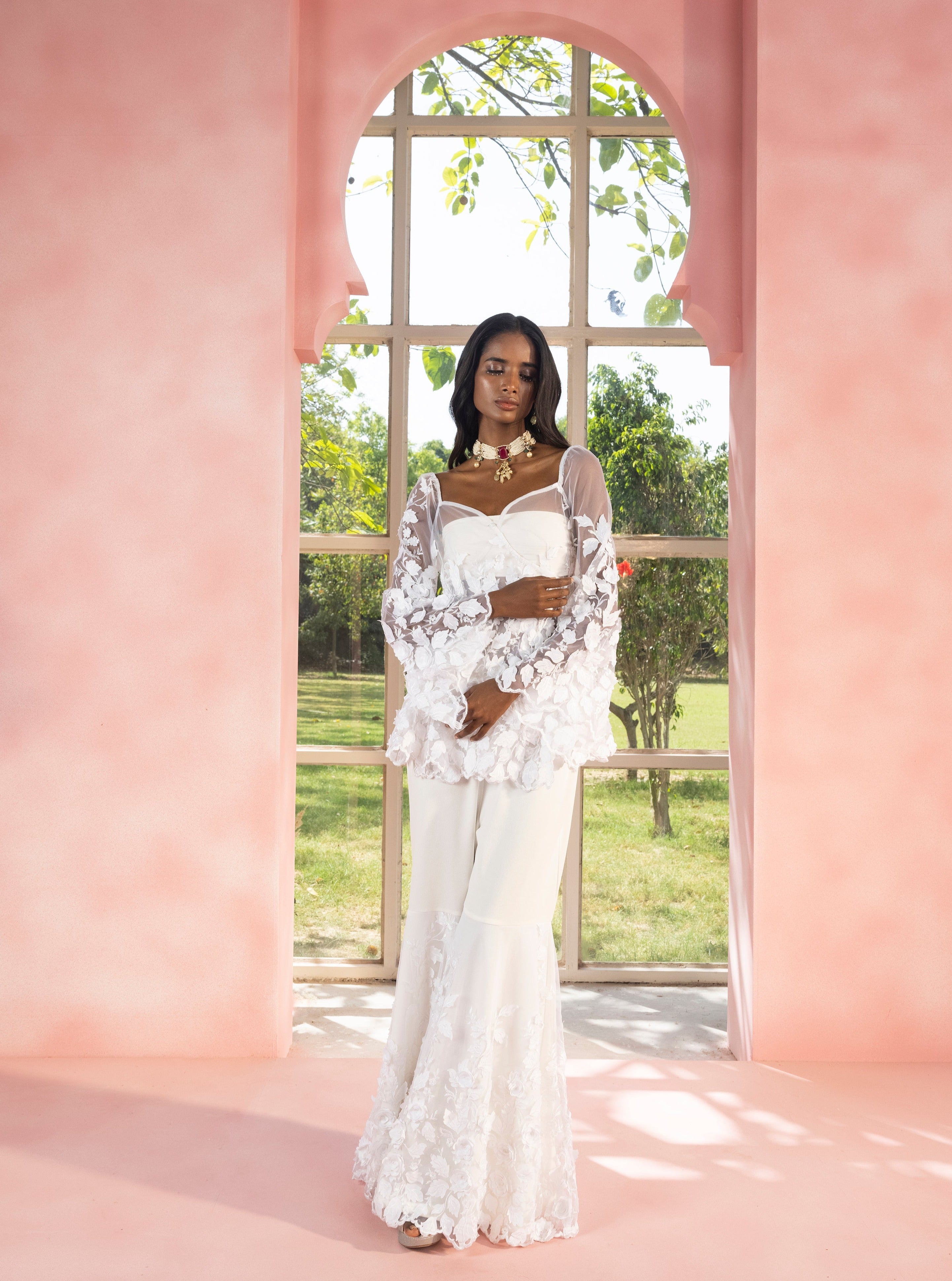 Aasiyah and Allami White 3-D Floral Sharara Set