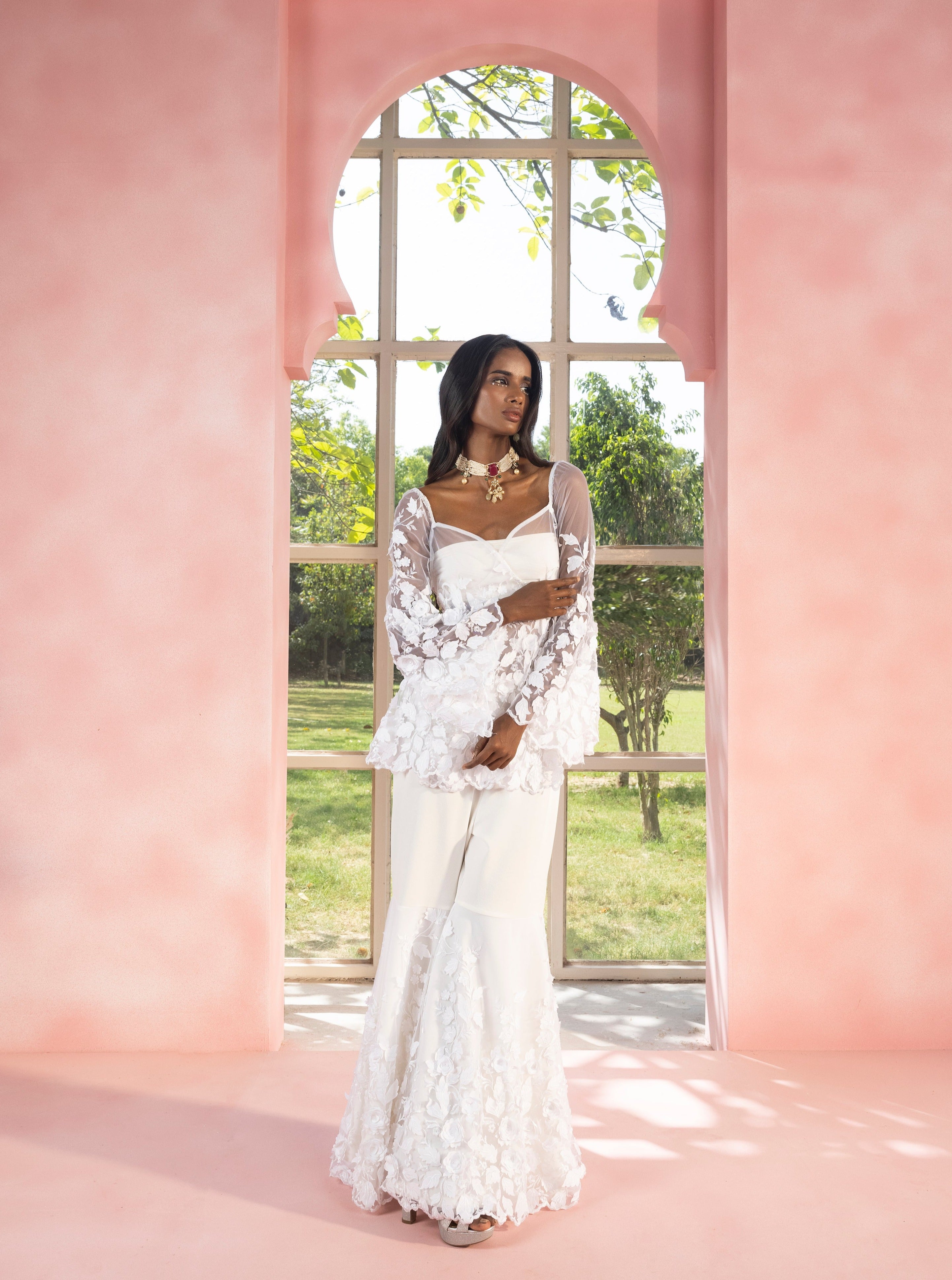 Aasiyah and Allami White 3-D Floral Sharara Set
