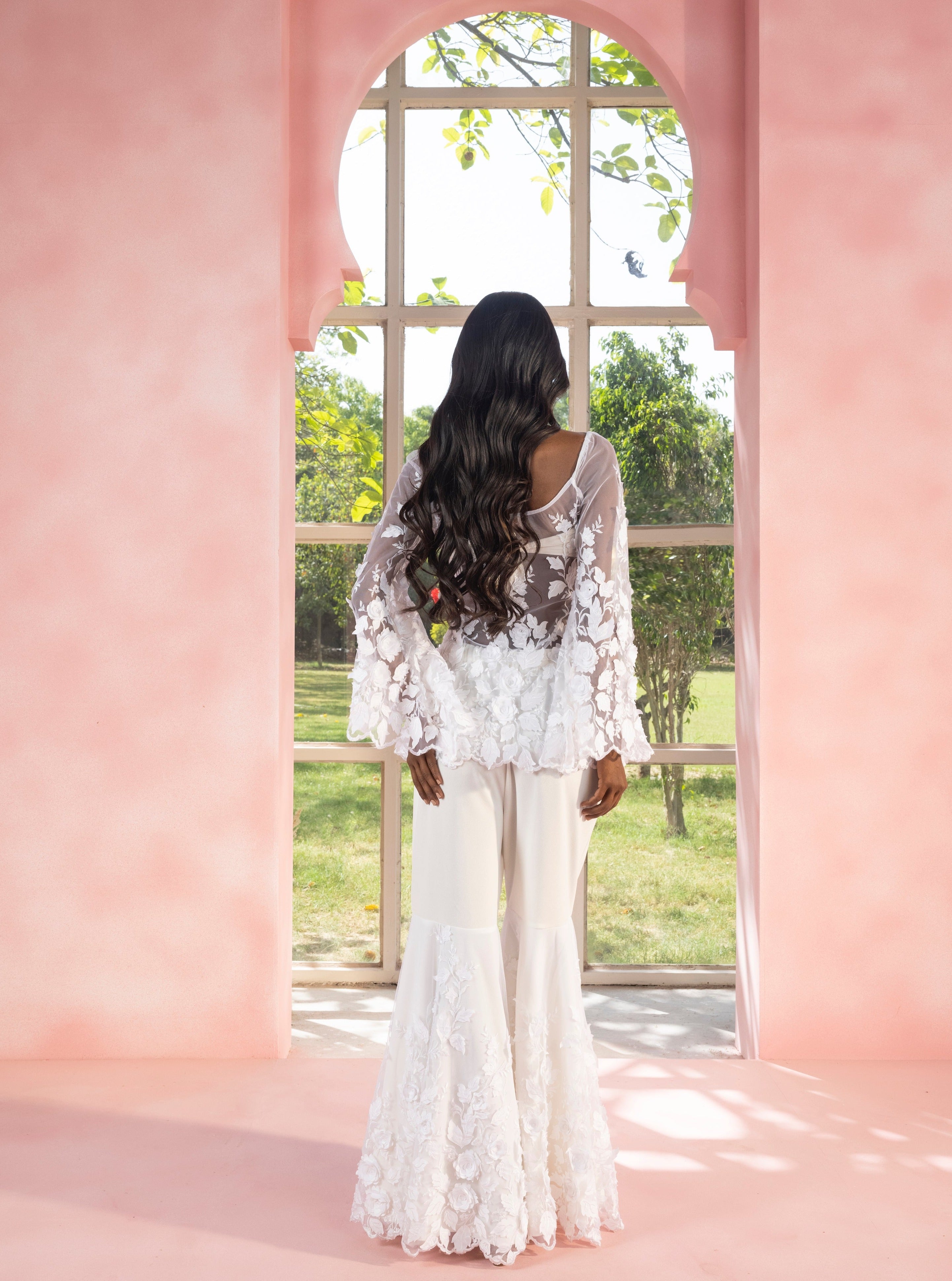 Aasiyah and Allami White 3-D Floral Sharara Set