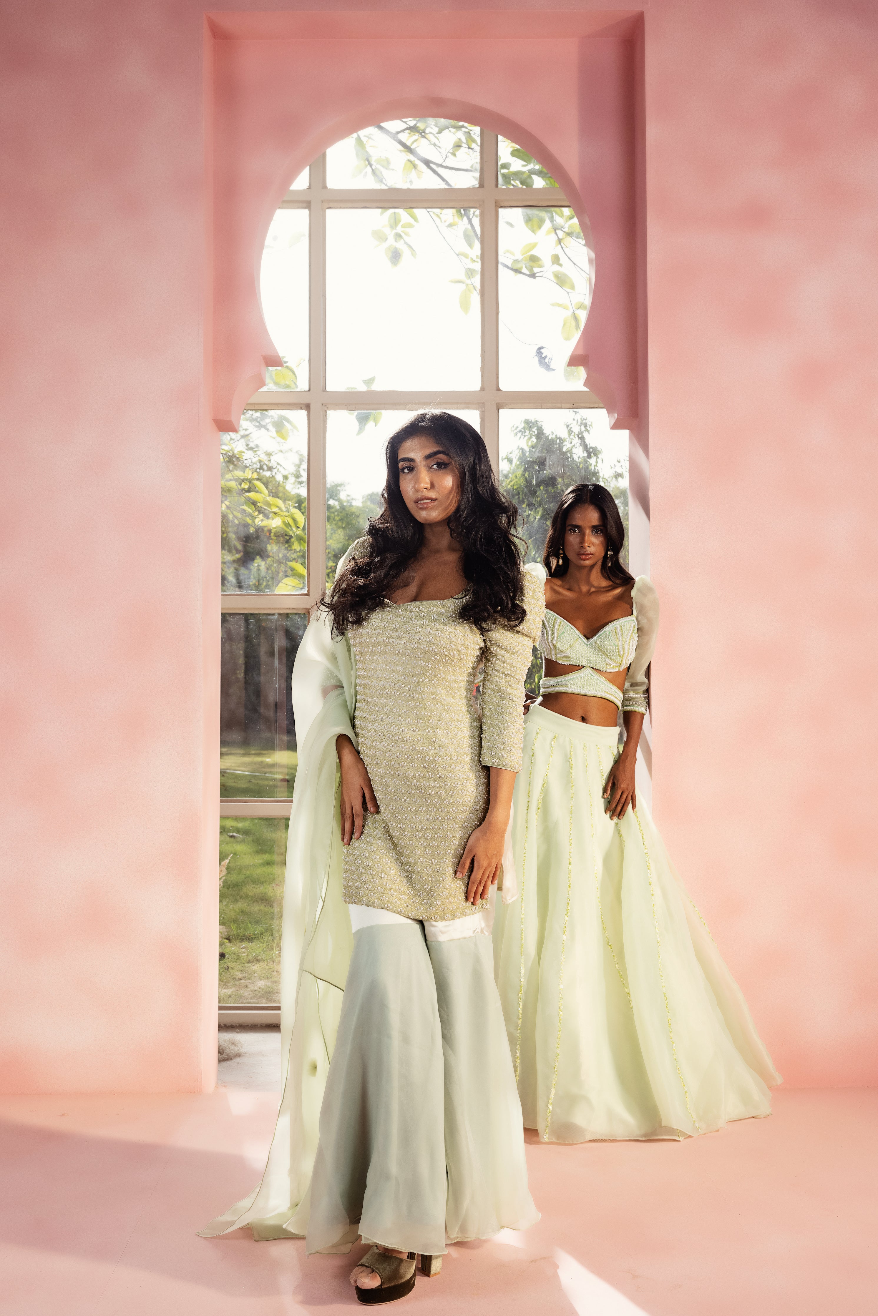 Navina, Neysha & Nithi Sage Green Hand Embroidered Sharara Set