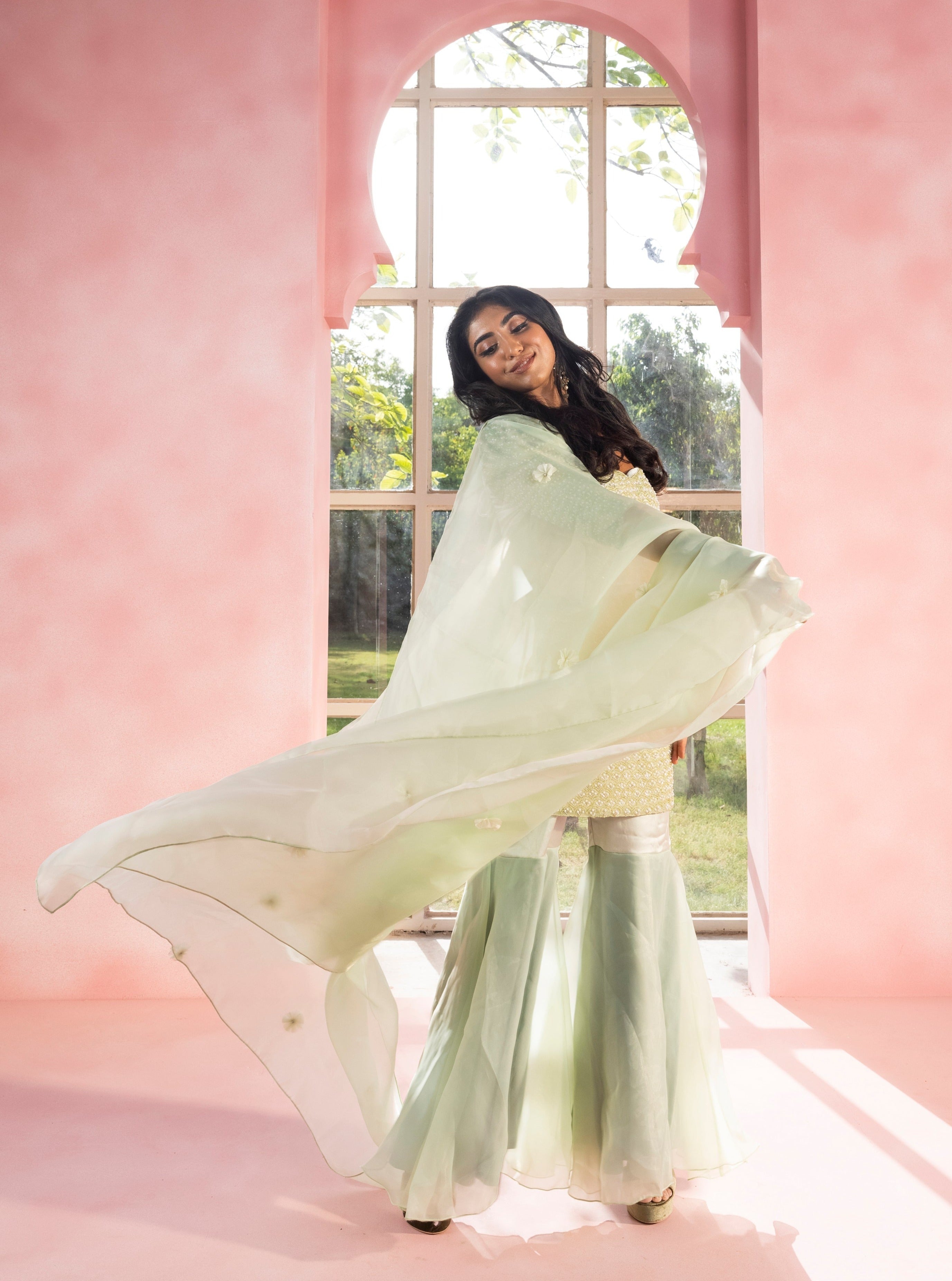 Navina, Neysha & Nithi Sage Green Hand Embroidered Sharara Set
