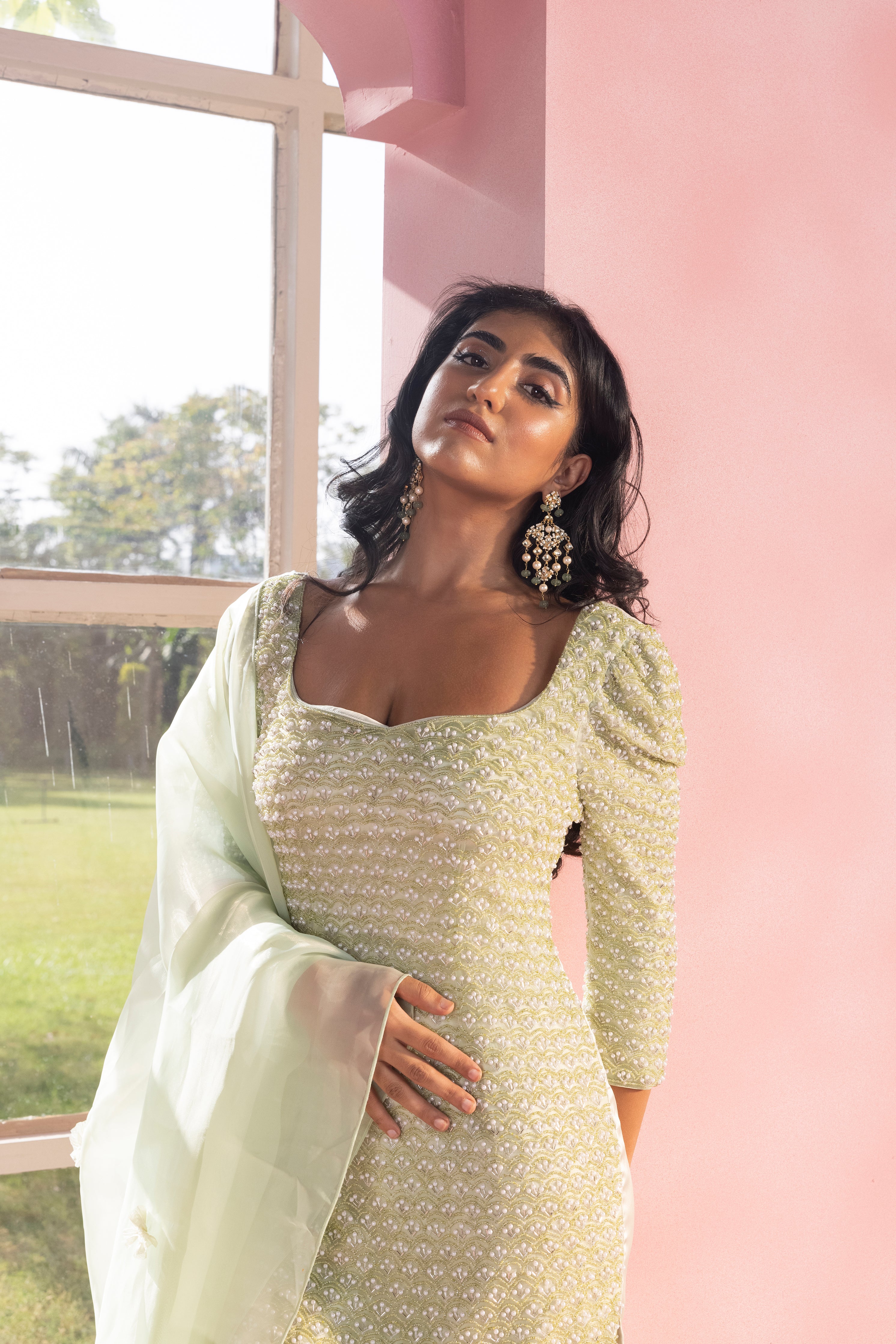 Navina, Neysha & Nithi Sage Green Hand Embroidered Sharara Set
