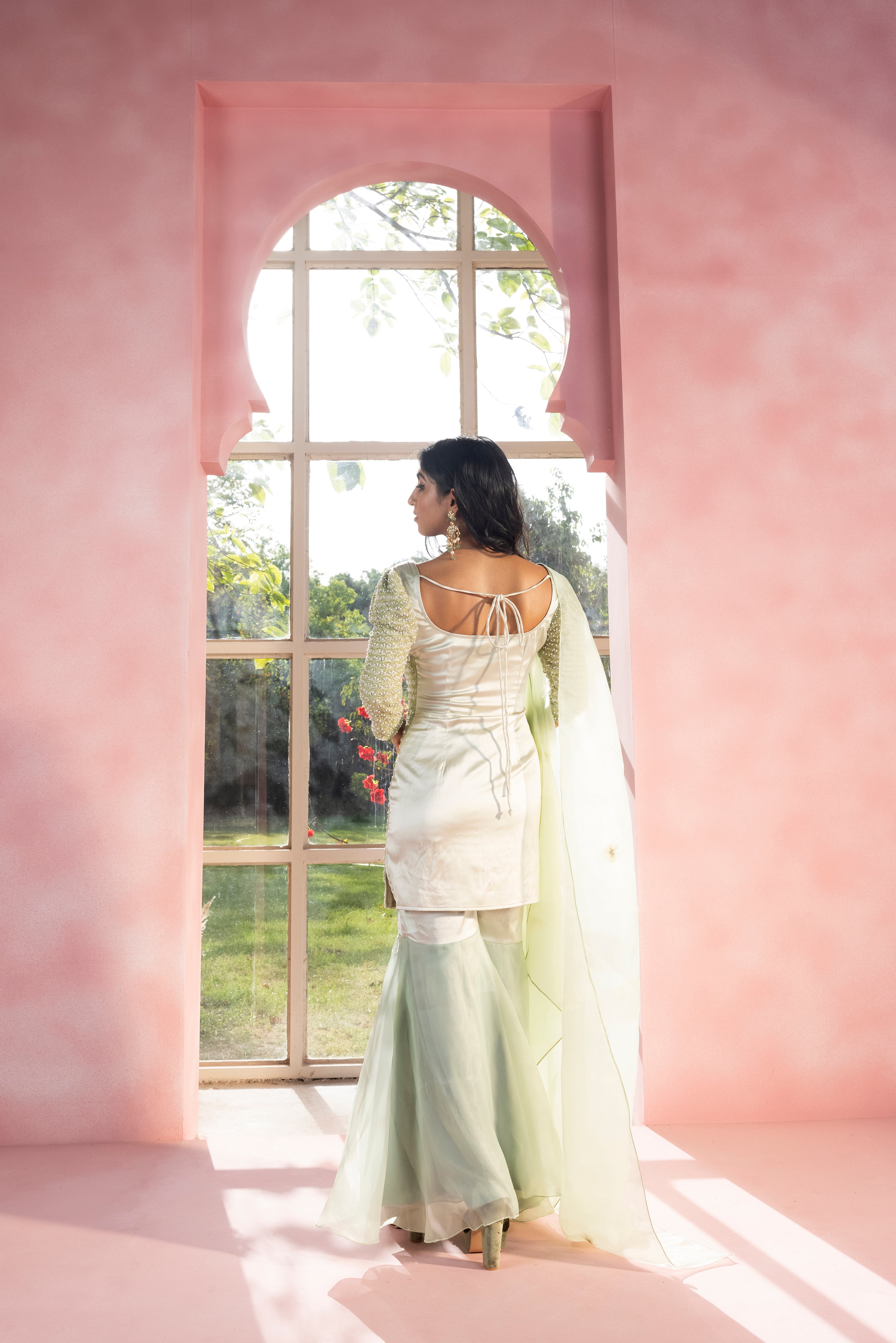 Navina, Neysha & Nithi Sage Green Hand Embroidered Sharara Set